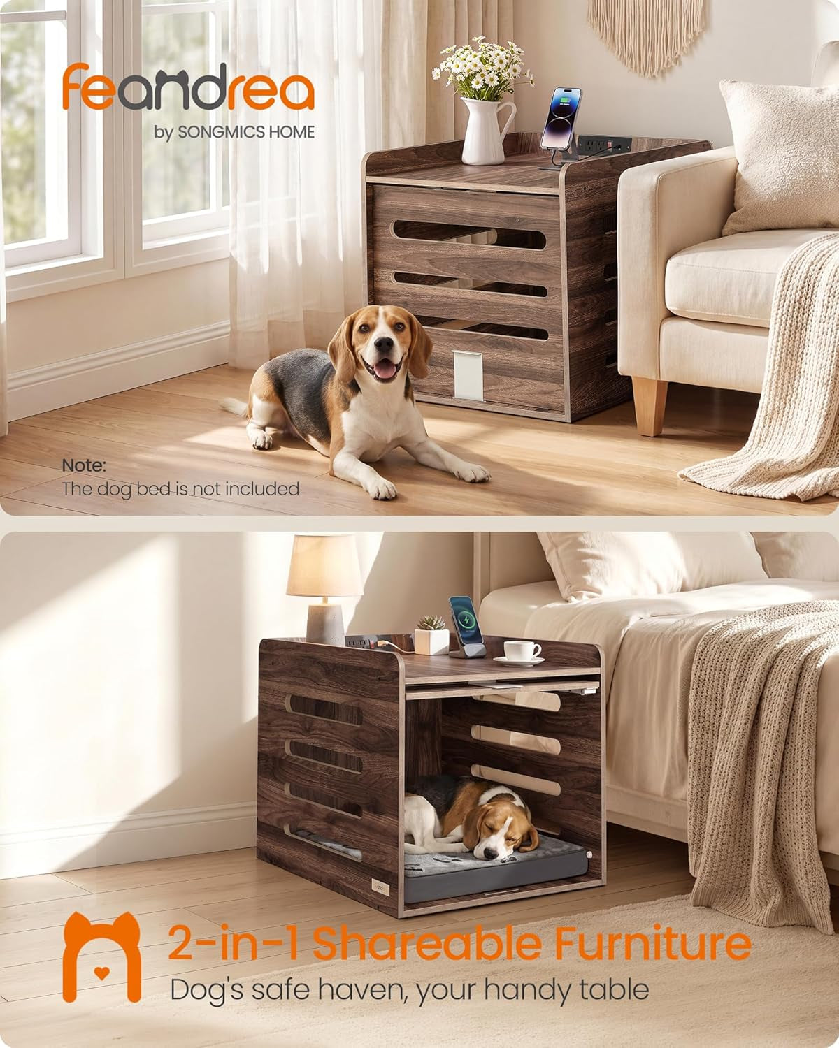 Natural walnut dog crate side table in a living room setting with a dog sitting beside it