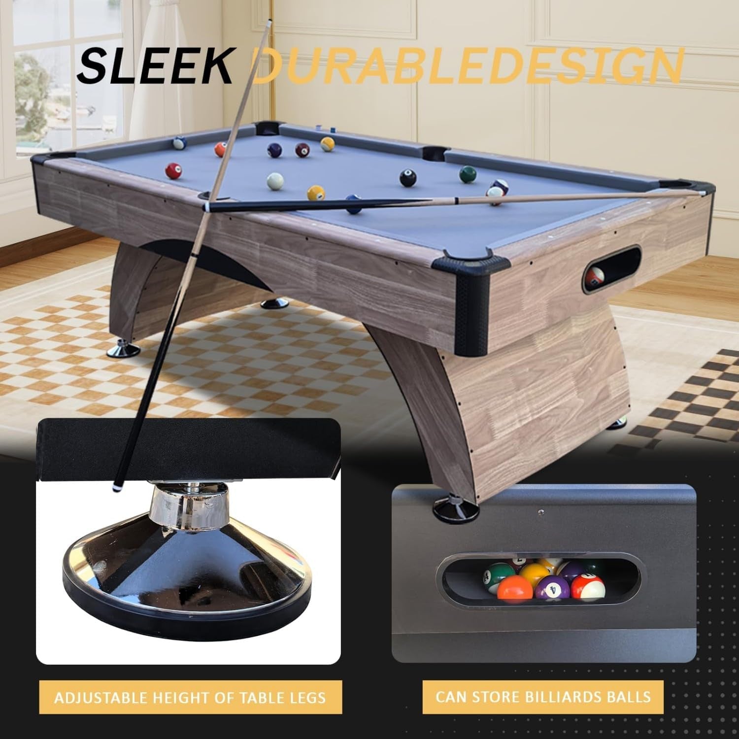 Close-up collage of adjustable metal table leg foot and built-in side pocket ball storage on the table