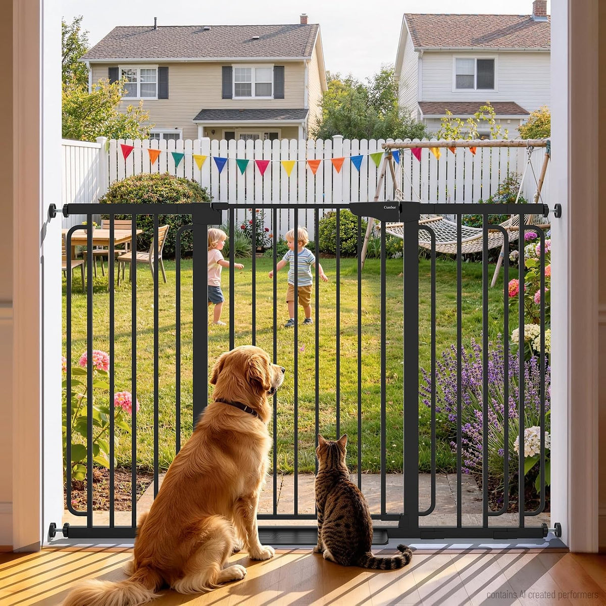 Front view of a black metal safety gate across a doorway with a dog and cat inside and two children playing in the yard.