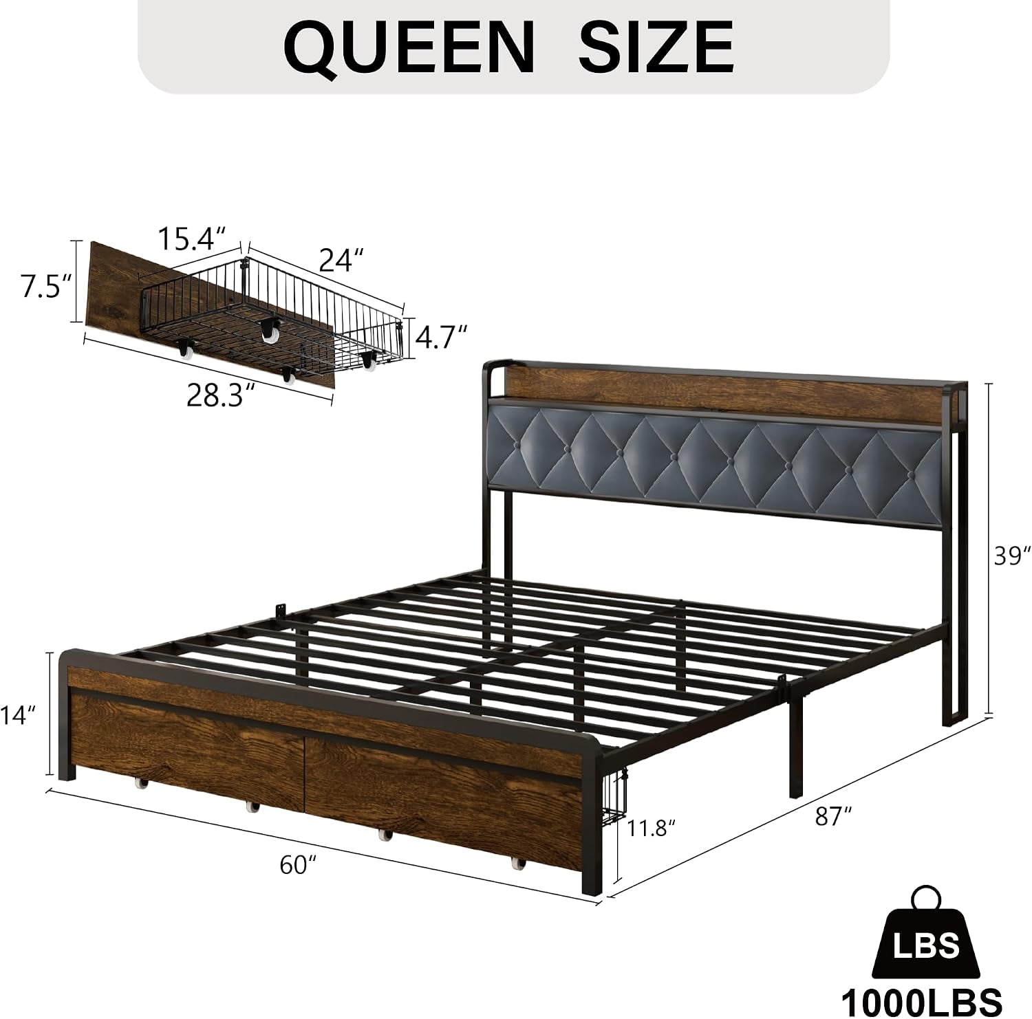 Diagram-style view of bed showing metal slat frame, headboard and overall proportions