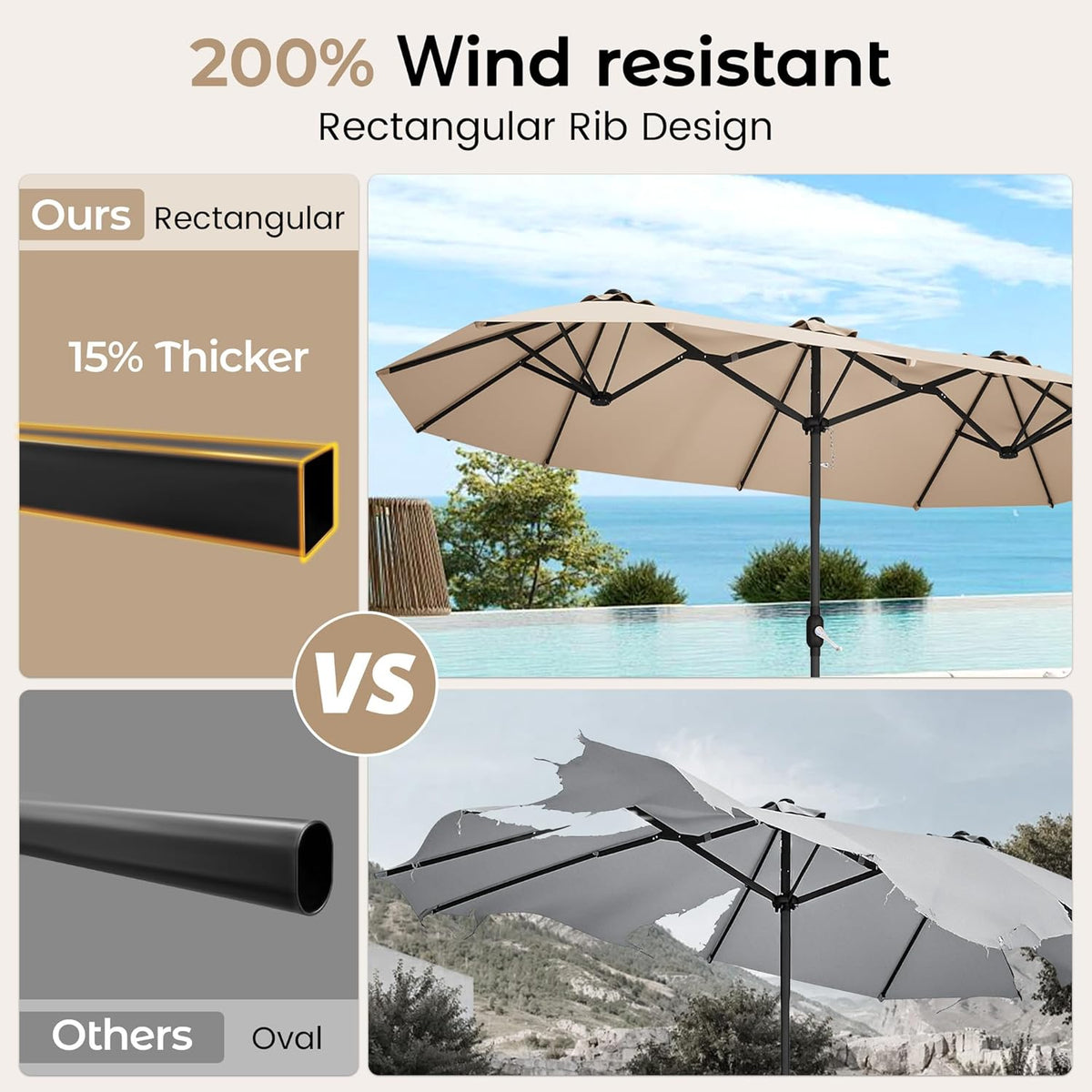 Comparison graphic showing rectangular umbrella frame and ribs beside coastal pool scene