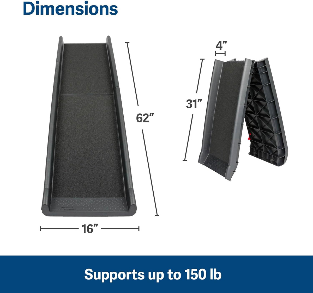 Top-down and folded views with overlaid dimensions showing 62 in length and 16 in width