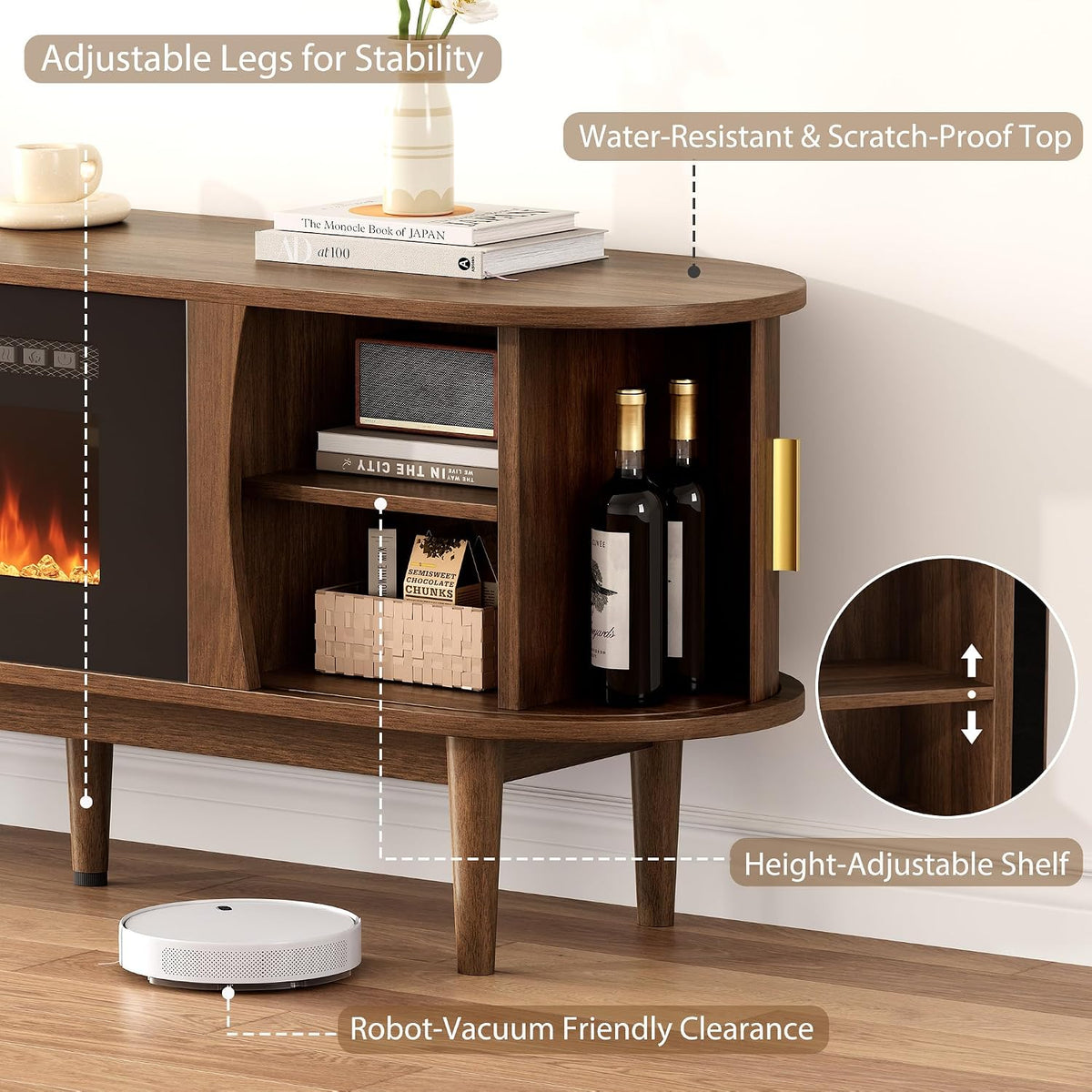 Side view of walnut console showing adjustable side shelves, robot-vacuum clearance under raised legs and wine bottle storage