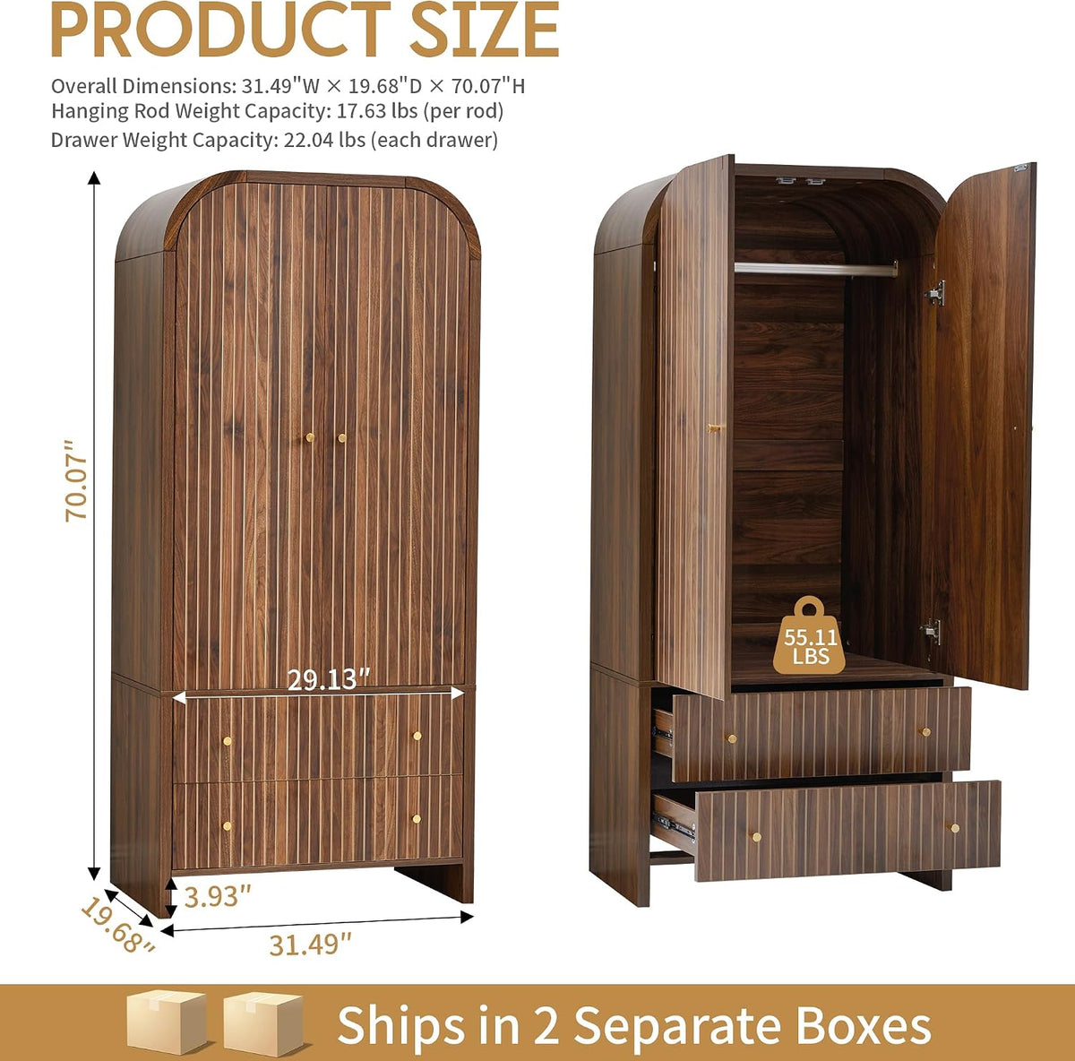 Graphic diagram of the armoire showing front and open views with dimension overlays and two lower drawers extended