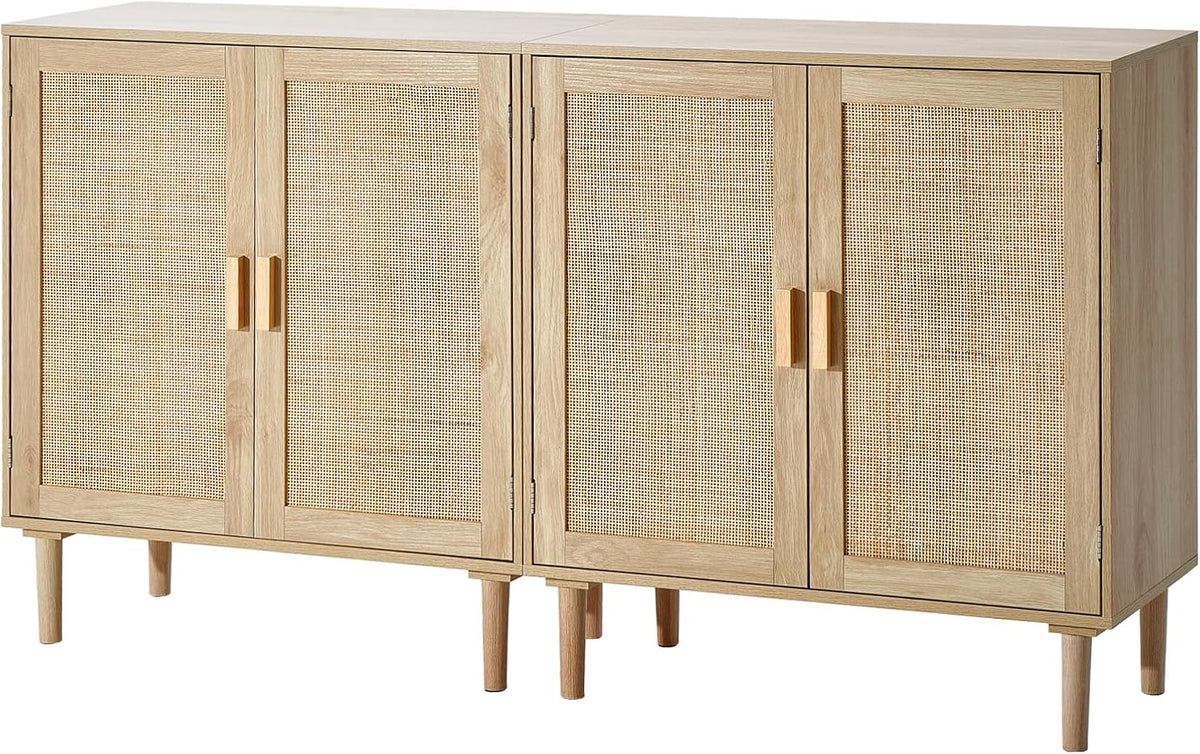 Four-door natural rattan buffet cabinet on a white background, straight-on product shot showing wooden handles and tapered r1