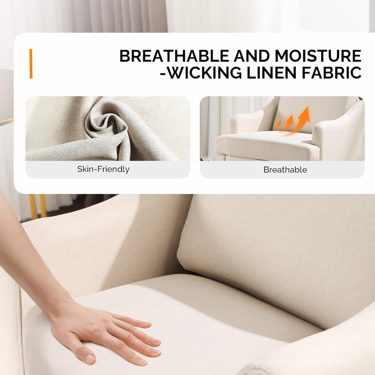 Close-up of beige linen fabric and a hand pressing the seat cushion to show texture and softness