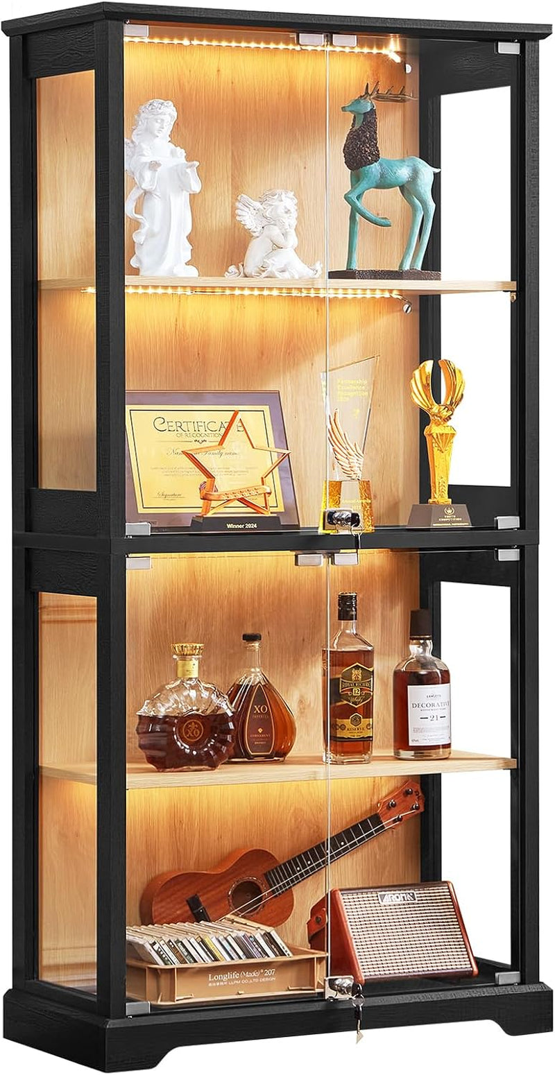 Single black-finish glass display cabinet with warm internal lighting and decorative items on shelves