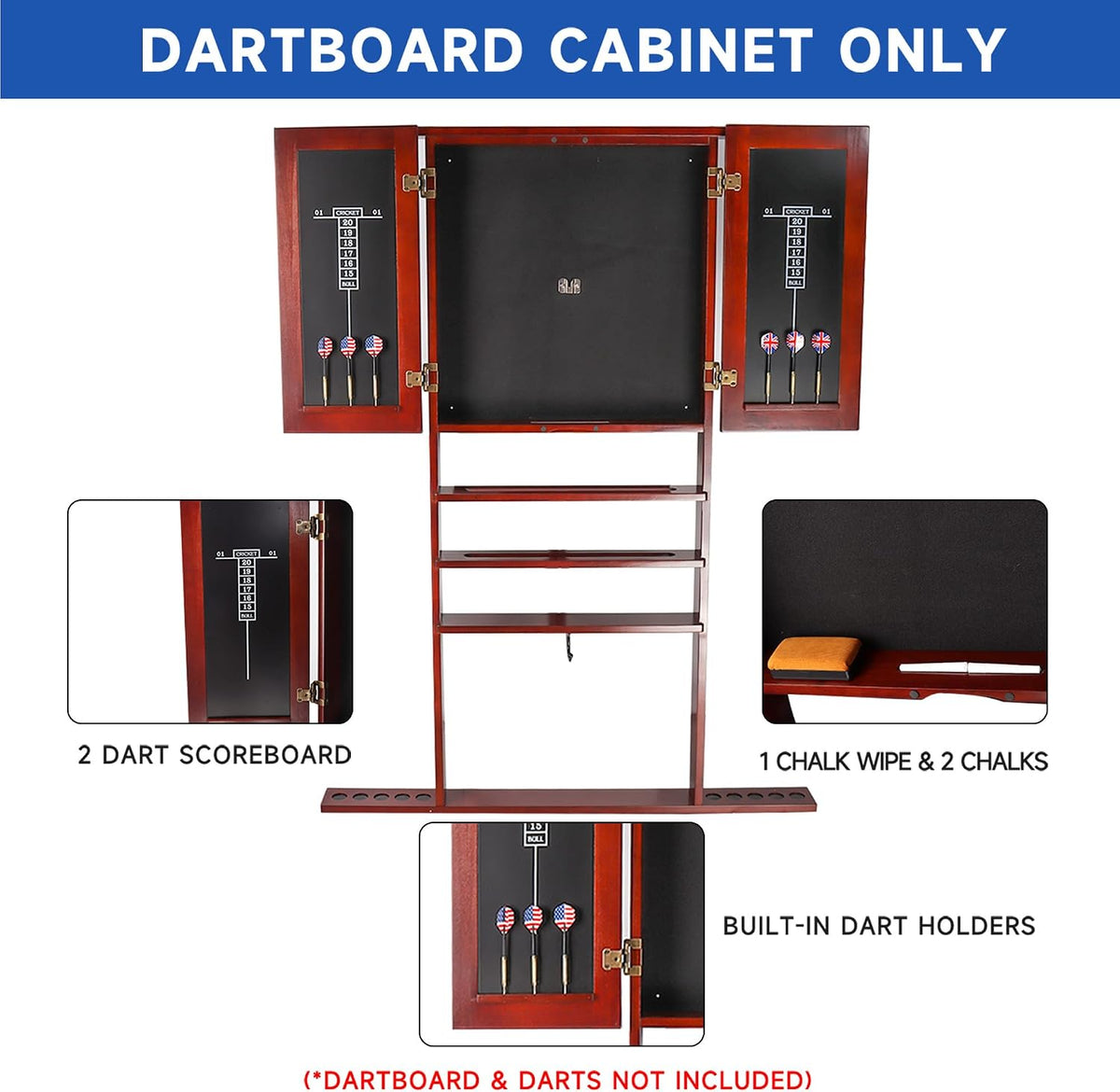Open cherry-finish wall cabinet with black dart backing, shelves, cue rests and base cue holes.