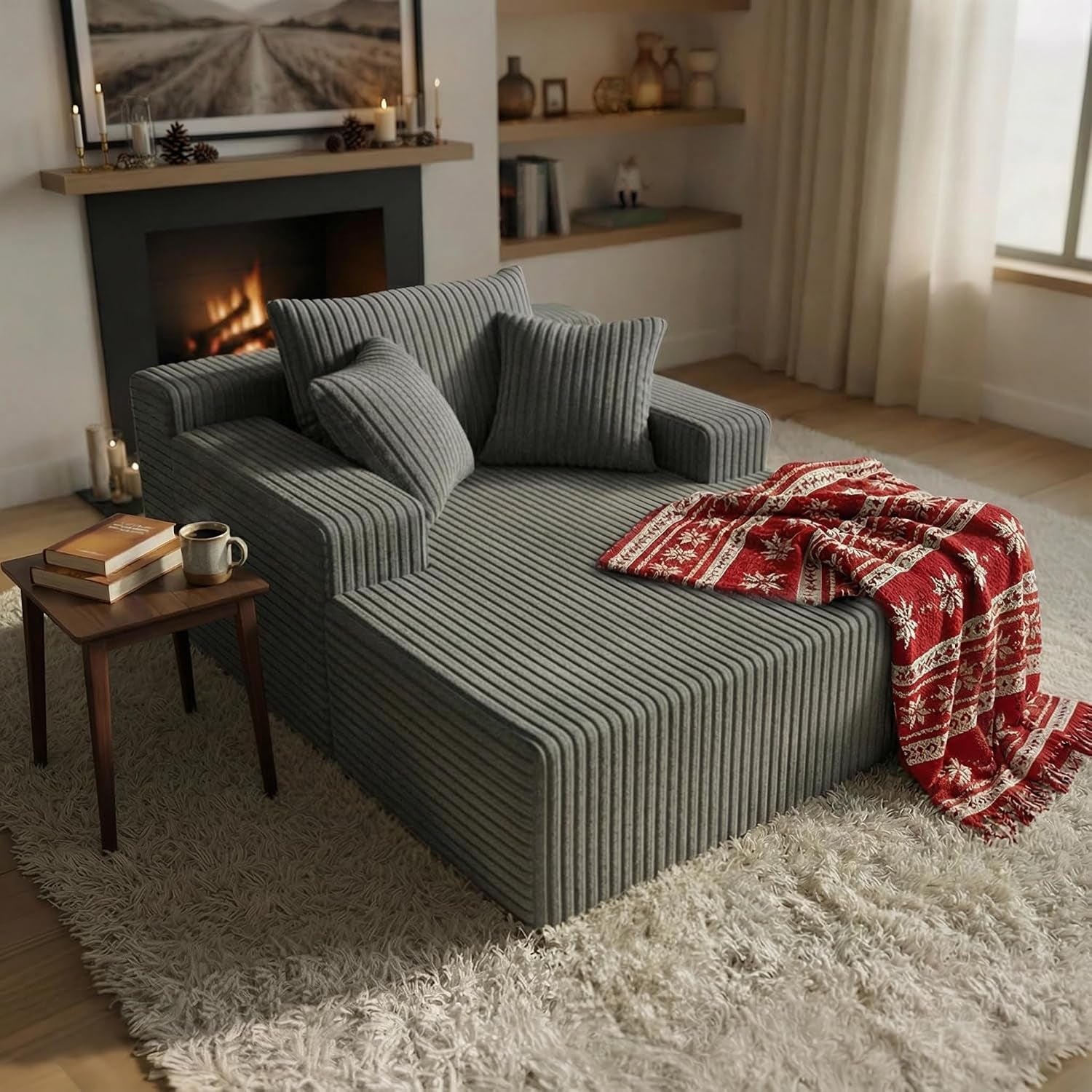 Urban grey corded fabric chaise lounge floor sofa, angled side view with red patterned throw and small side table.