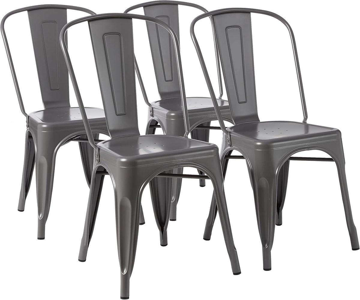 Dark gray metal dining chairs set of four angled front group view on white background