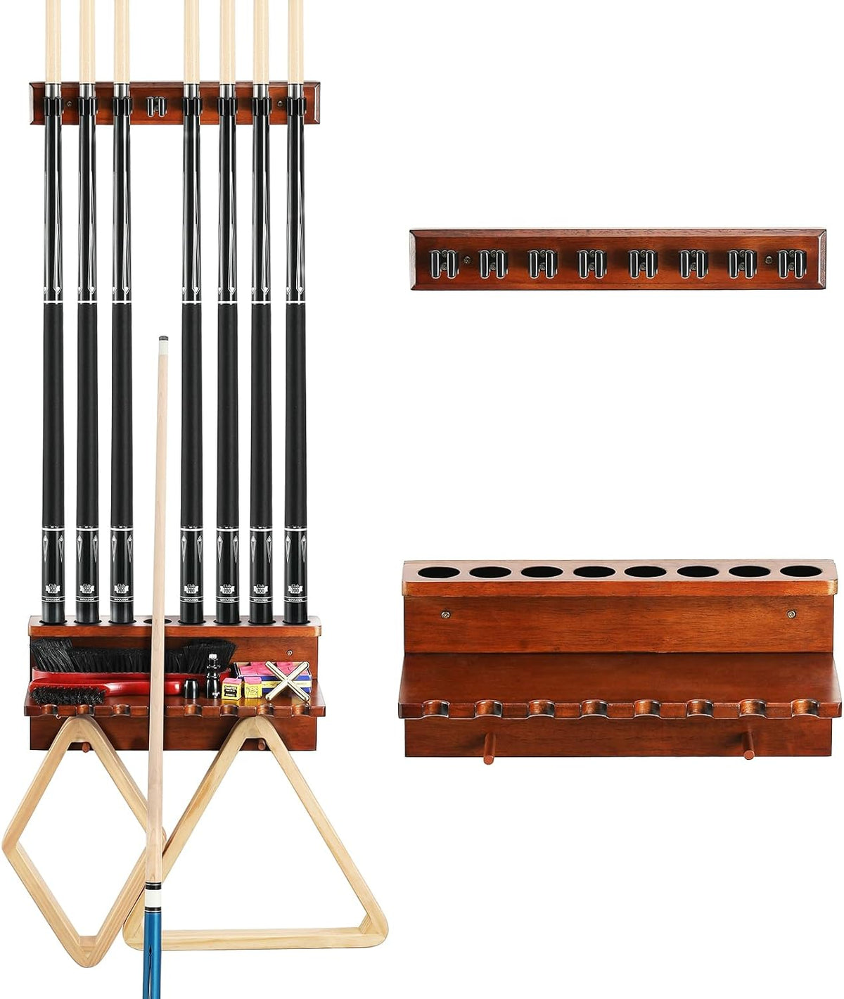 Brown wood finish wall rack holding six cues with lower shelf for chalk and brushes
