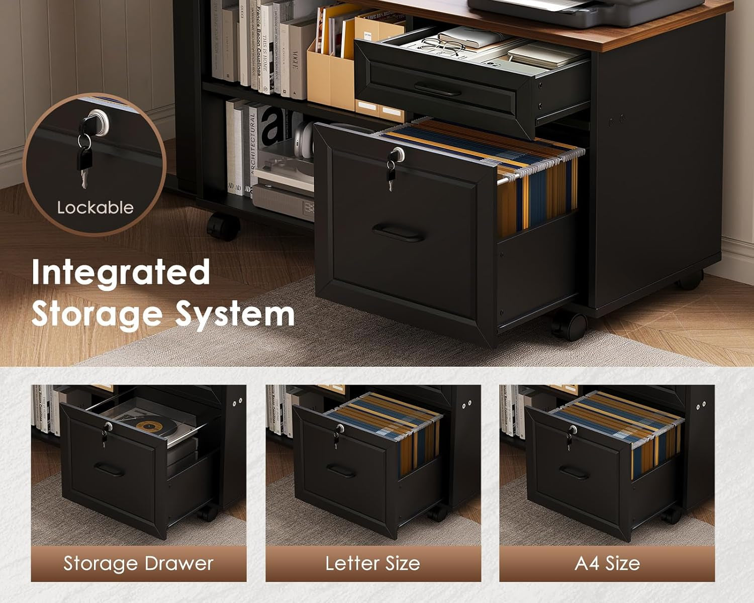 Close-up of the lockable file drawer open with hanging folders and open shelving inside the mobile cabinet