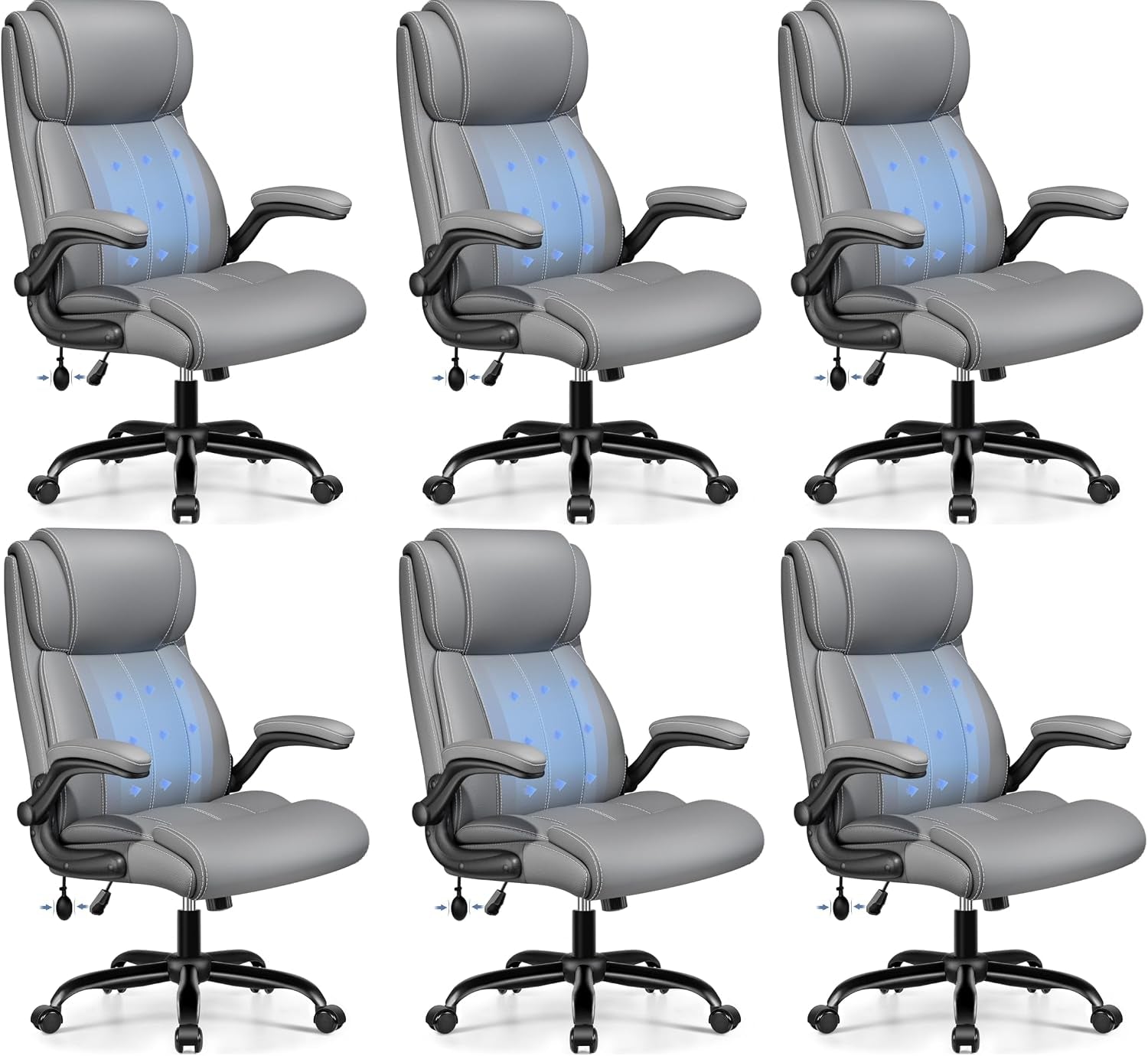 Six light-gray office chairs shown in two rows, front three-quarter views on white background.