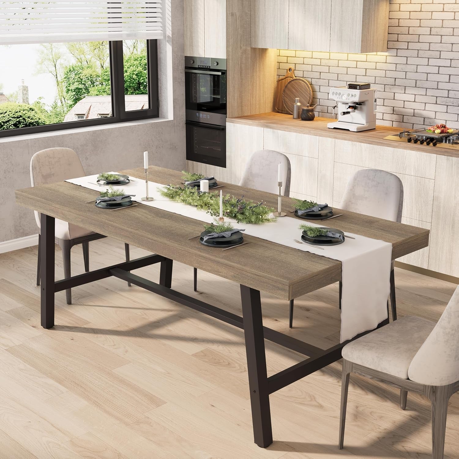 Close angled view highlighting the table's wood grain top and dark metal support frame with crossbar.
