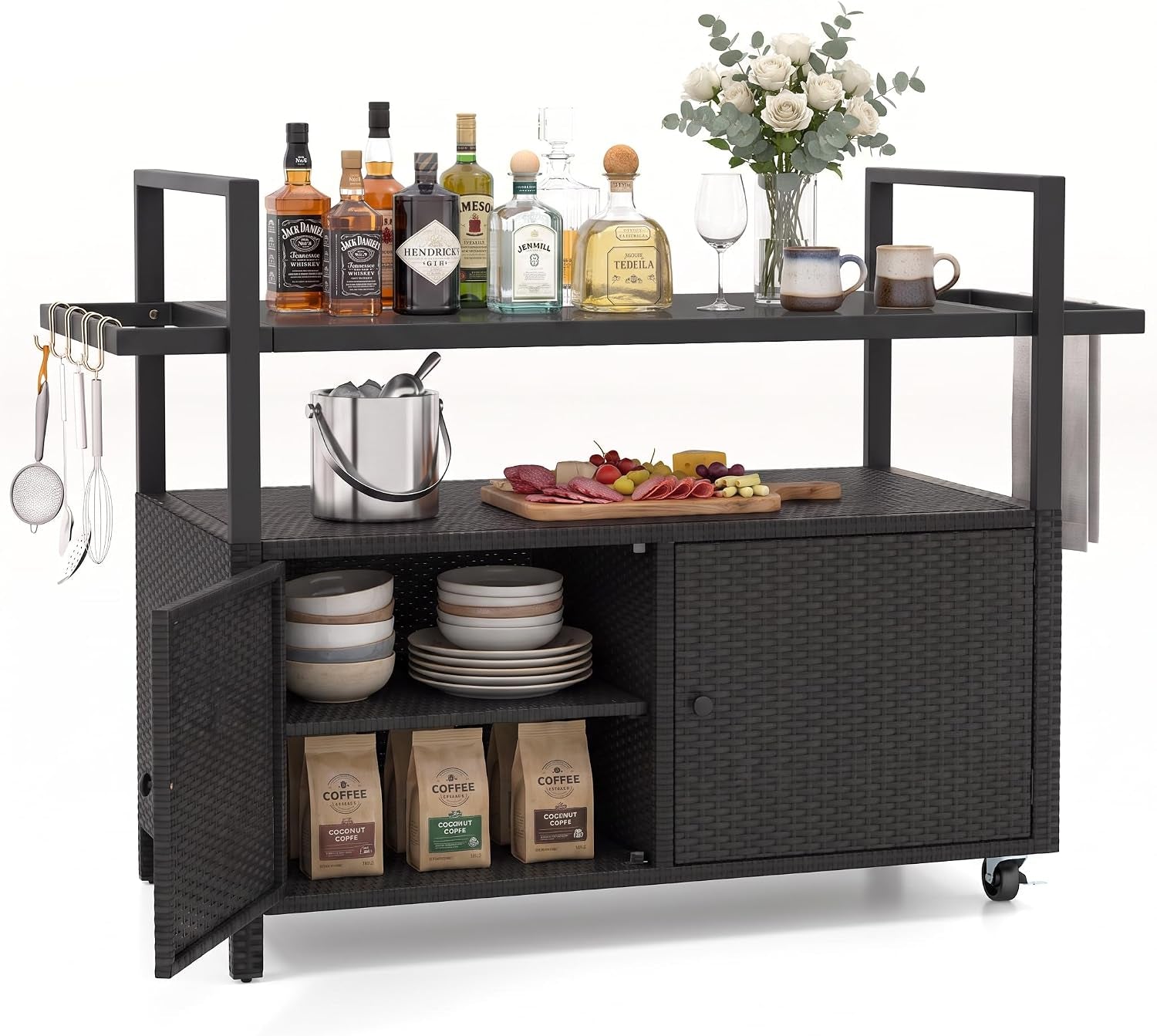 Front view of dark-gray woven rattan bar cart with left cabinet door open revealing stacked bowls and plates and coffee