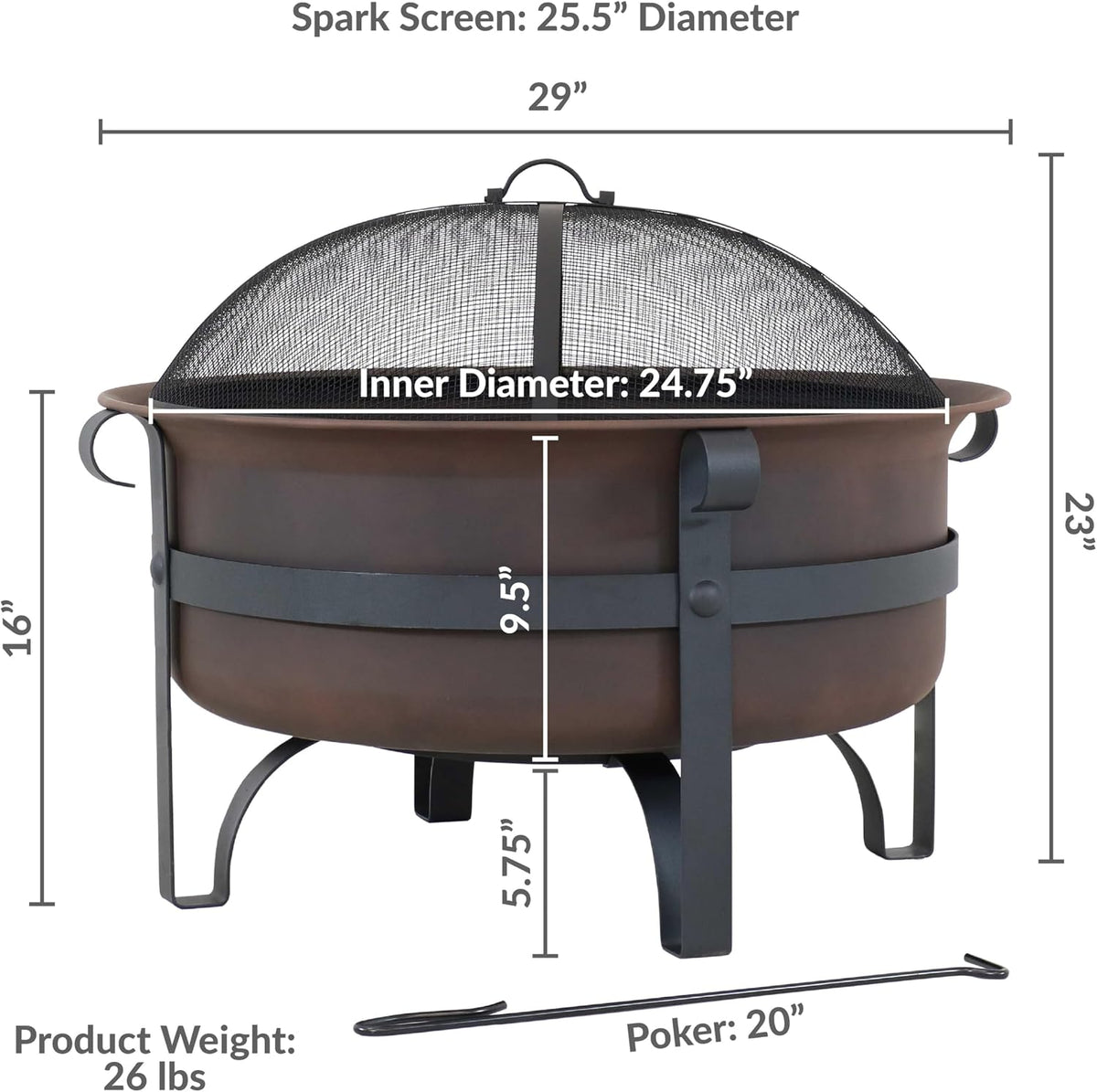 Front view of the cauldron fire pit with measurement lines and the poker laid below