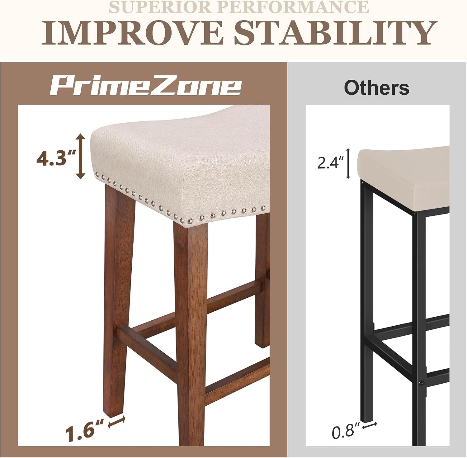 Close-up comparison of a thick padded beige seat with wooden legs beside a thinner seat on metal legs.