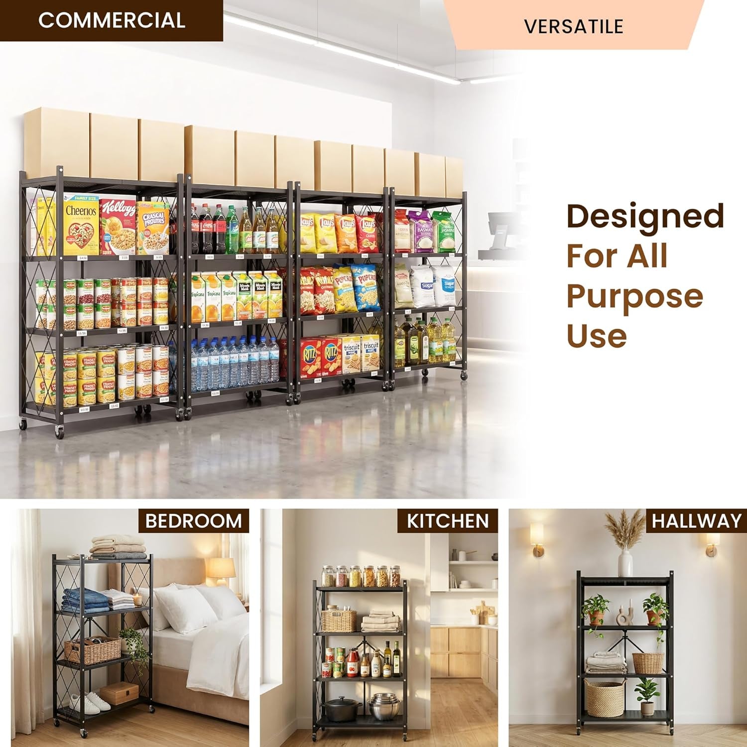 Multiple metal shelving units stocked in a commercial pantry and lifestyle scenes for bedroom, kitchen and hallway use