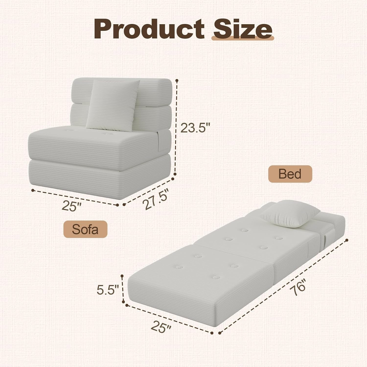 Diagram showing sofa and bed dimensions: sofa 25"×27.5"×23.5" and bed 25"×76"×5.5"