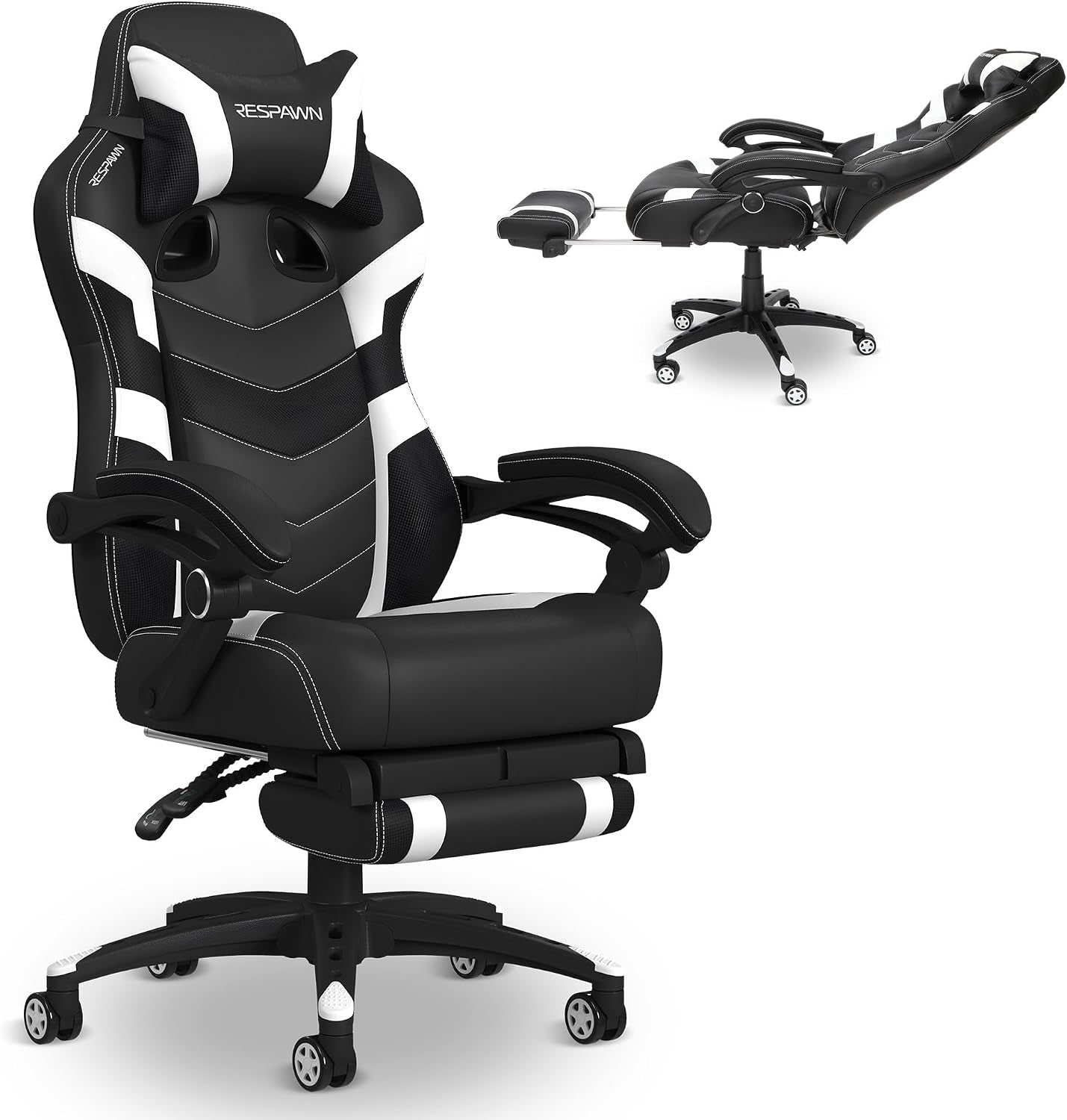 Black-and-white chair angled left highlighting white contrast panels, stitched seams and cushioned head pillow.