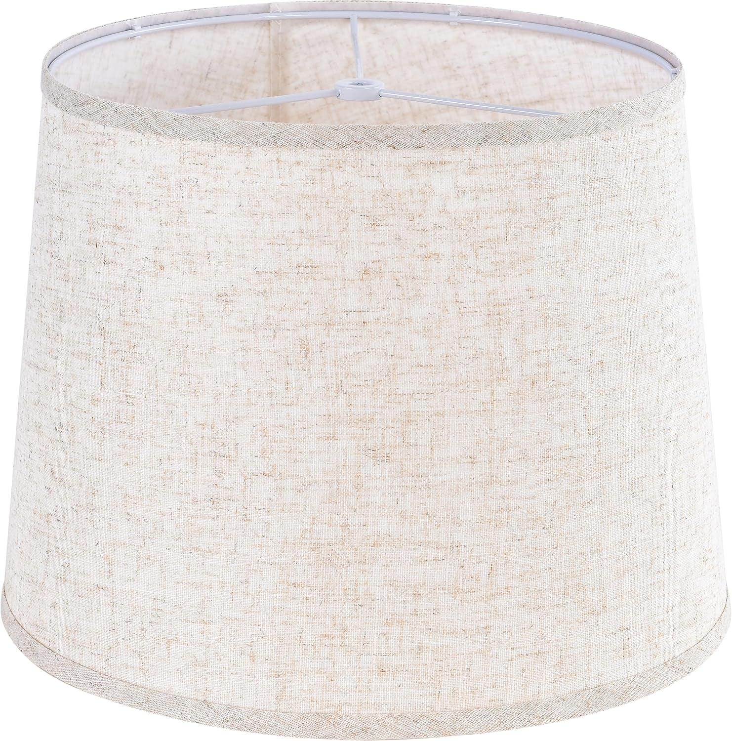 Single oatmeal linen drum lampshade shown close, textured fabric and inner spider fitter visible