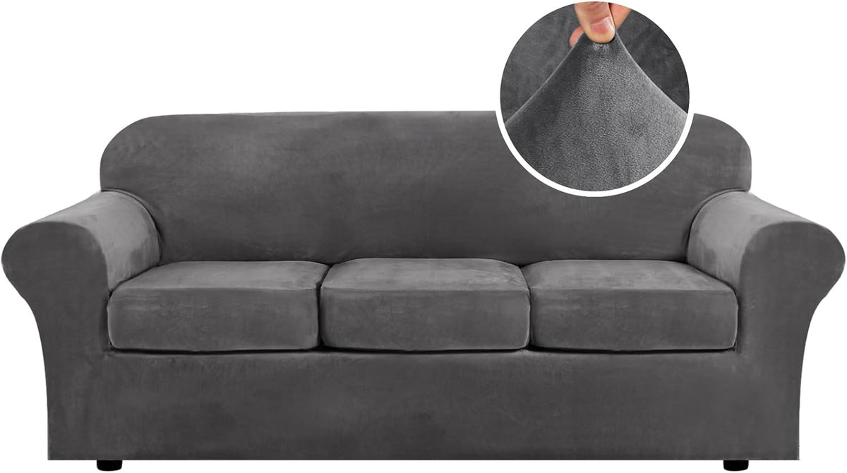 Front view of a three-cushion sofa with rolled arms in medium gray velvet, fabric zoom inset.