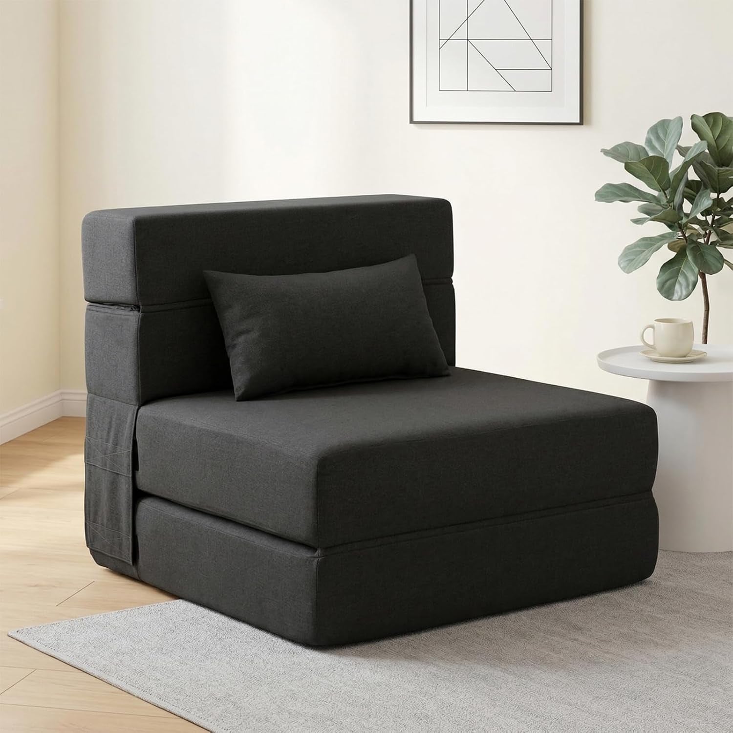 Dark-gray single-seat configuration of the folding sofa bed with one pillow