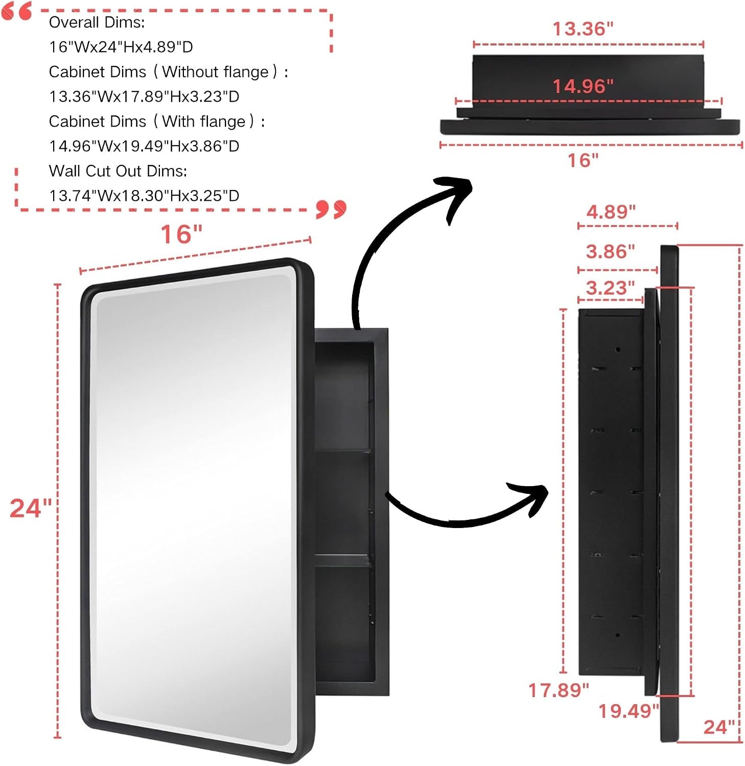 Black recessed medicine cabinet shown with red dashed measurement lines and top/side inset views.