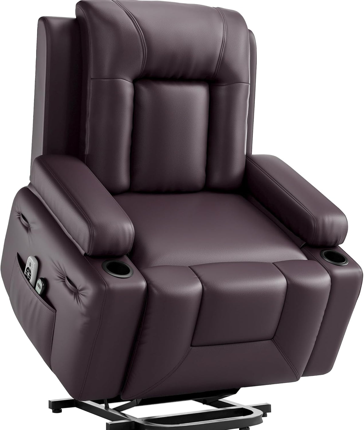 Plum-toned recliner shown elevated against a white background, highlighting the contoured seat and visible lift frame.