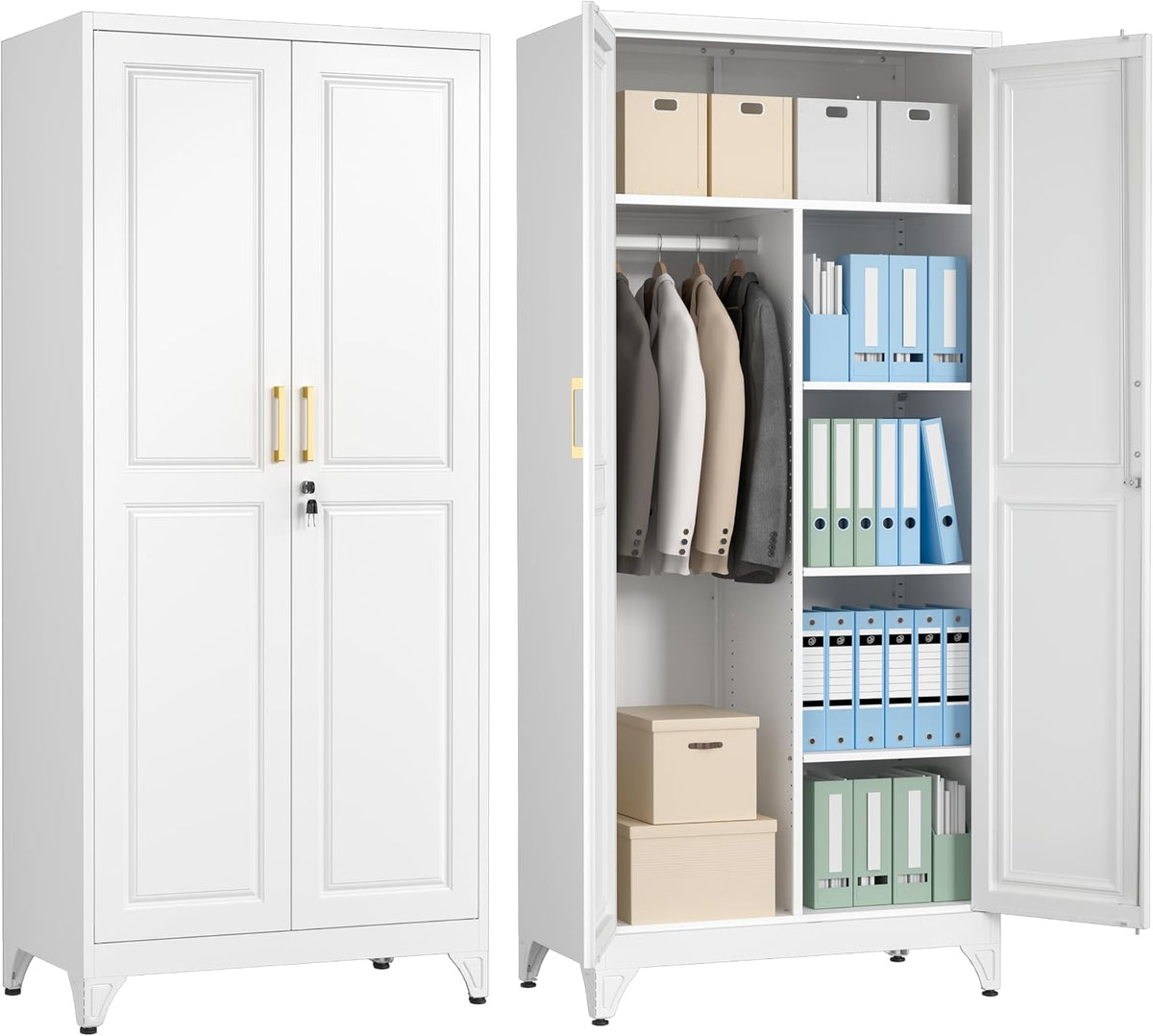 White two-door wardrobe with right side open to reveal divided shelving, hanging rod and stacked file boxes