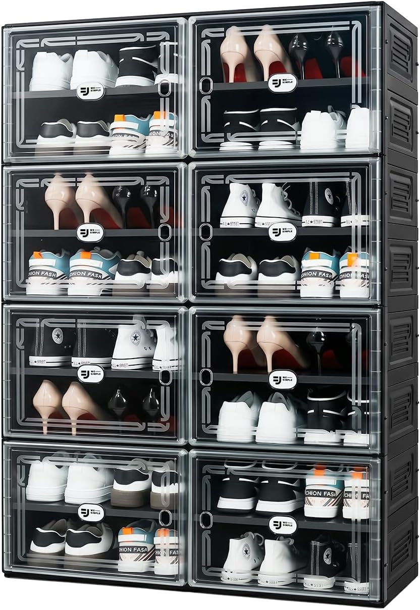 Close front view of eight clear-front black shoe boxes showing pairs of sneakers and heels inside.