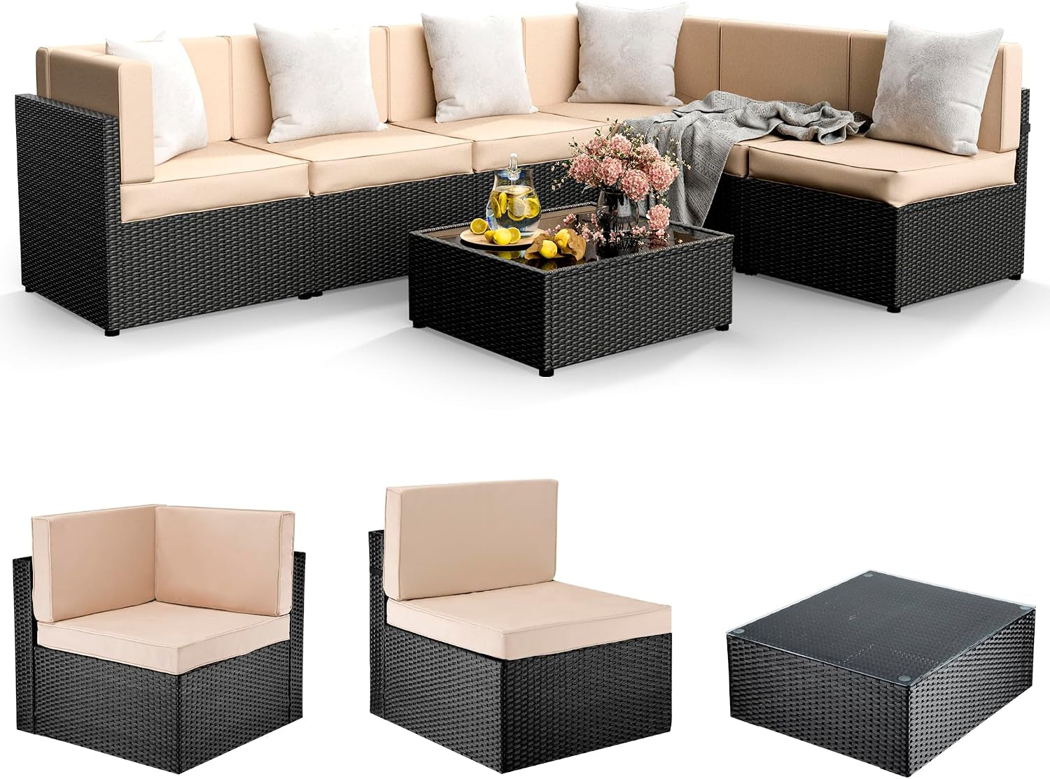 Dark grey PE rattan 7-piece sectional with beige cushions and glass-top coffee table on a white background, product layout