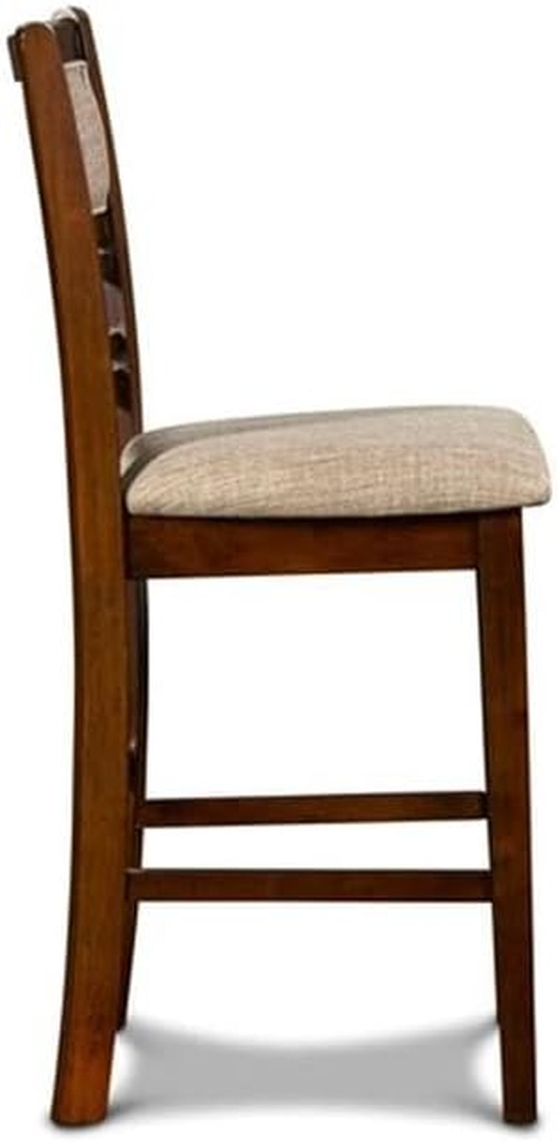 Side view of a wooden dining chair with a beige upholstered seat and ladder-style legs.