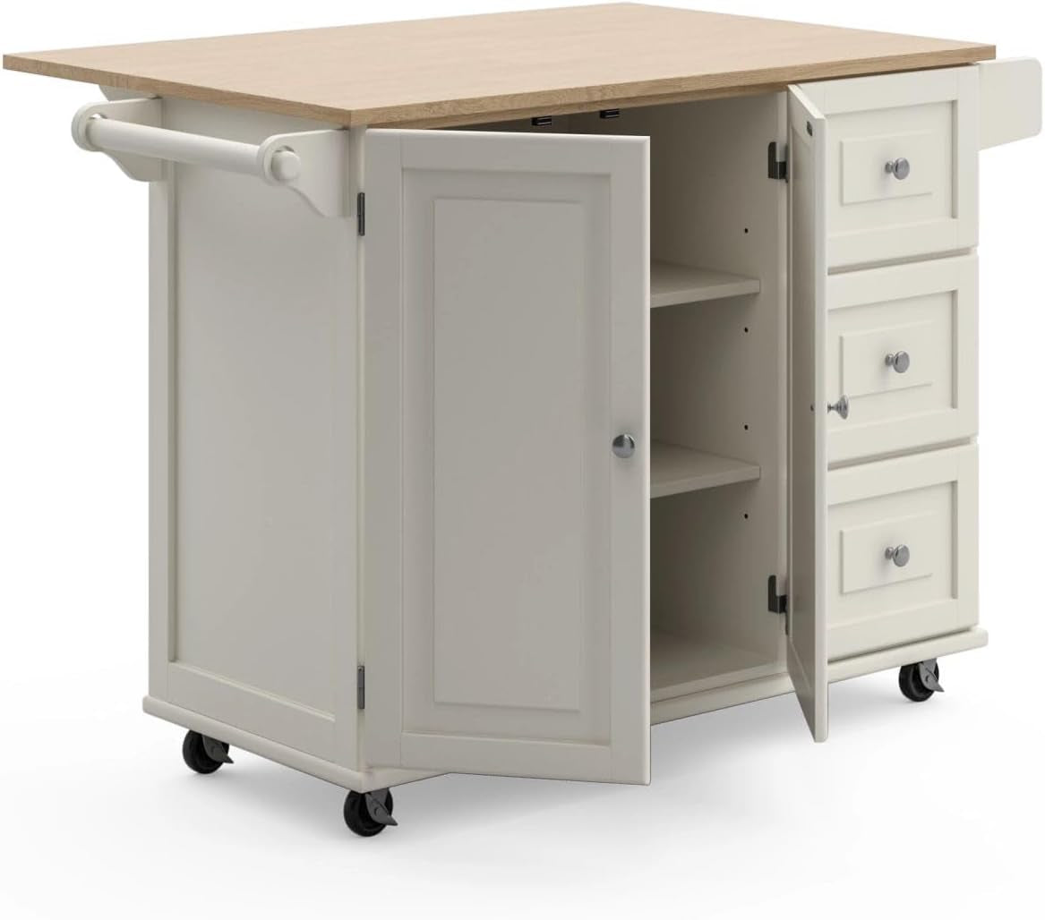 Three-quarter view with cabinet doors open revealing two interior shelves, also shows drawers, wood top and side towel bar.