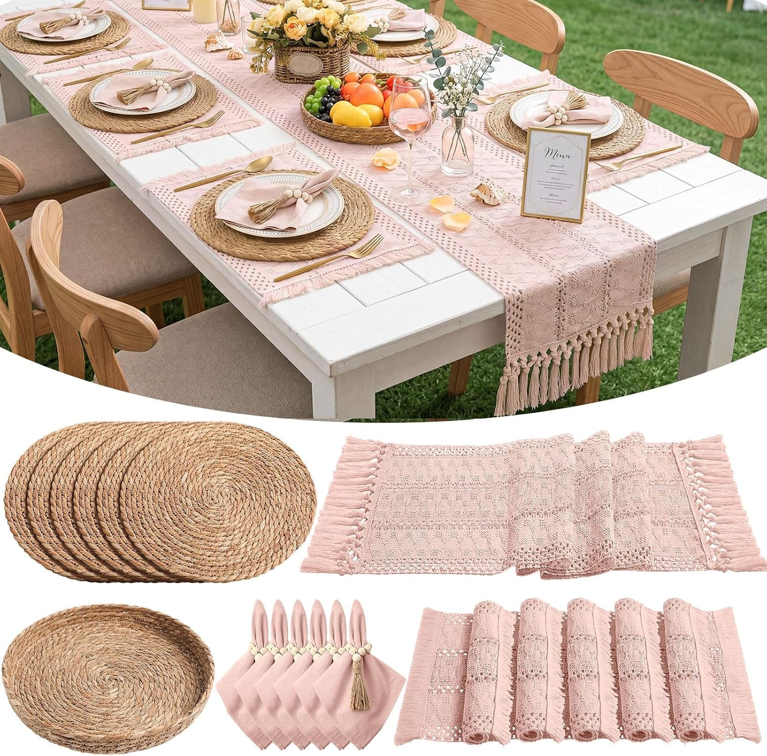 Outdoor white table styled with pink lace runner, seagrass placemats, pink napkins and floral centerpiece