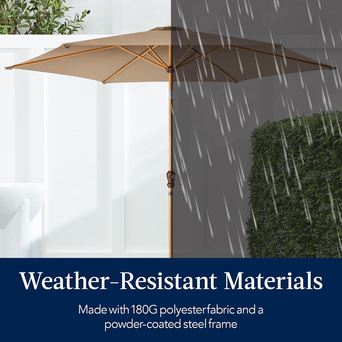 Tan market umbrella with wooden pole shown partially; left side bright, right side overlaid with rain effect.