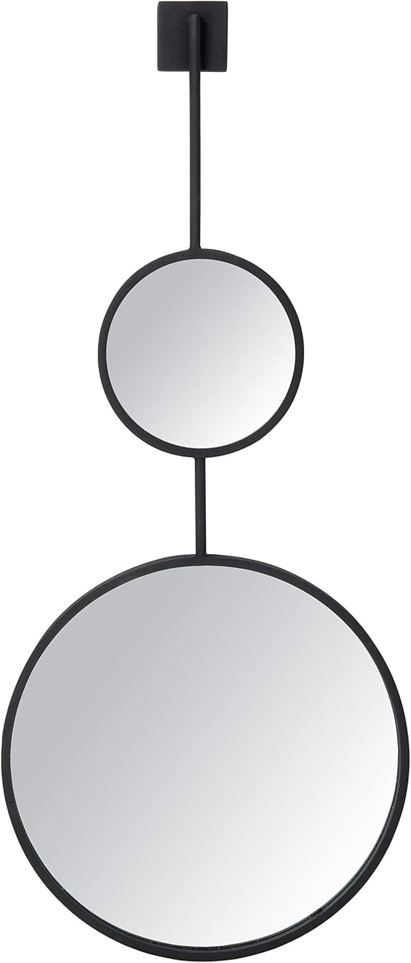 Full vertical front view of two stacked round mirrors against a white background showing the square wall mount.