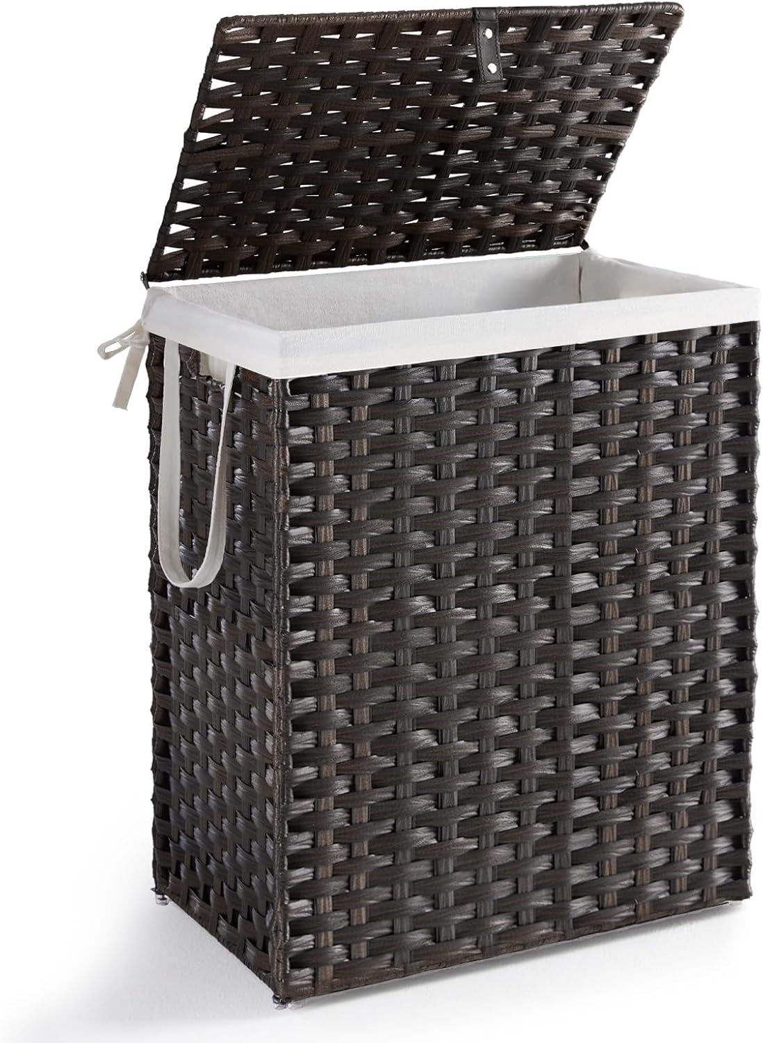 Low-angle shot of dark-brown woven hamper with lid open emphasizing tall profile and woven texture