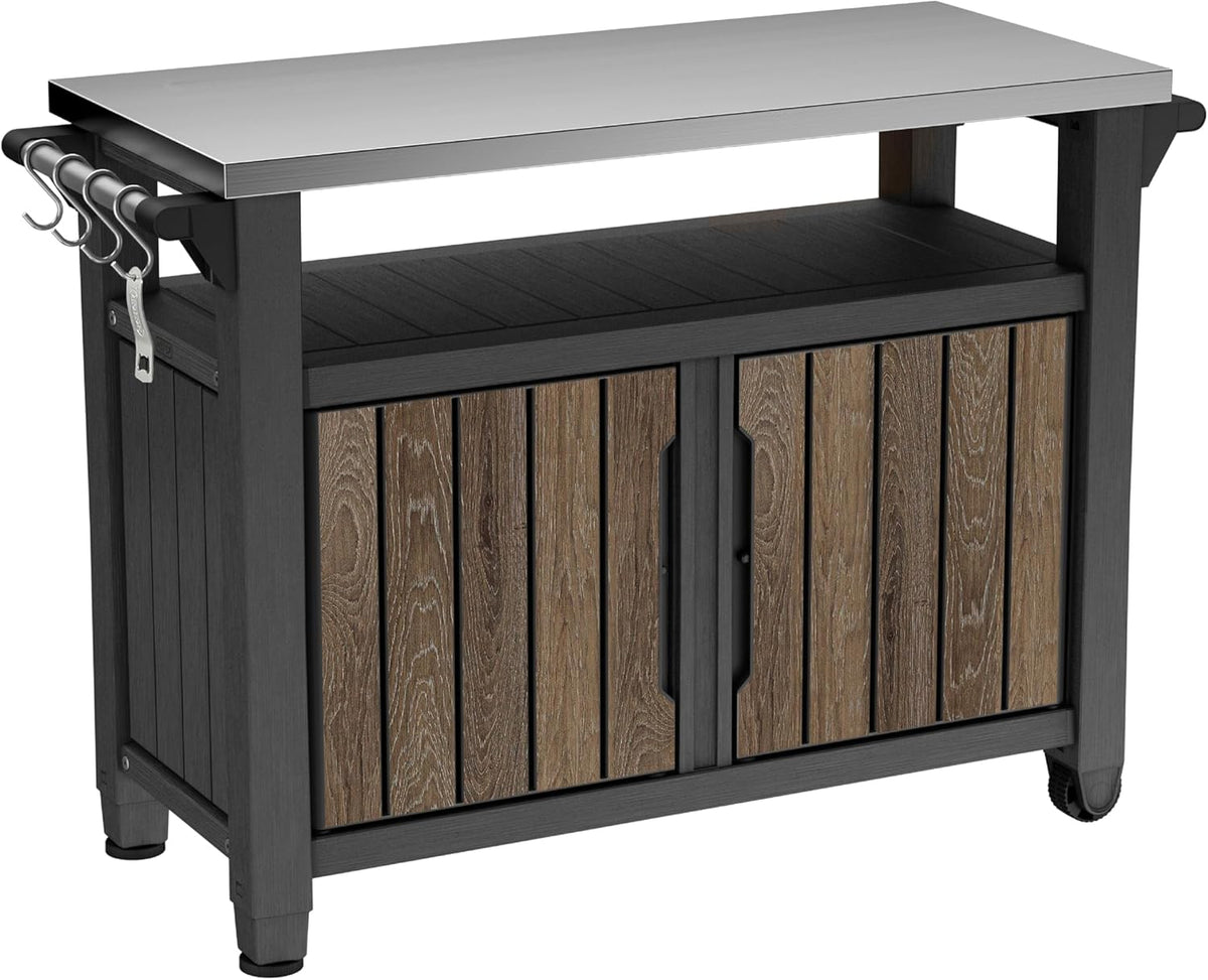 Wood-look outdoor entertainment station with dark frame and stainless-steel top angled front view