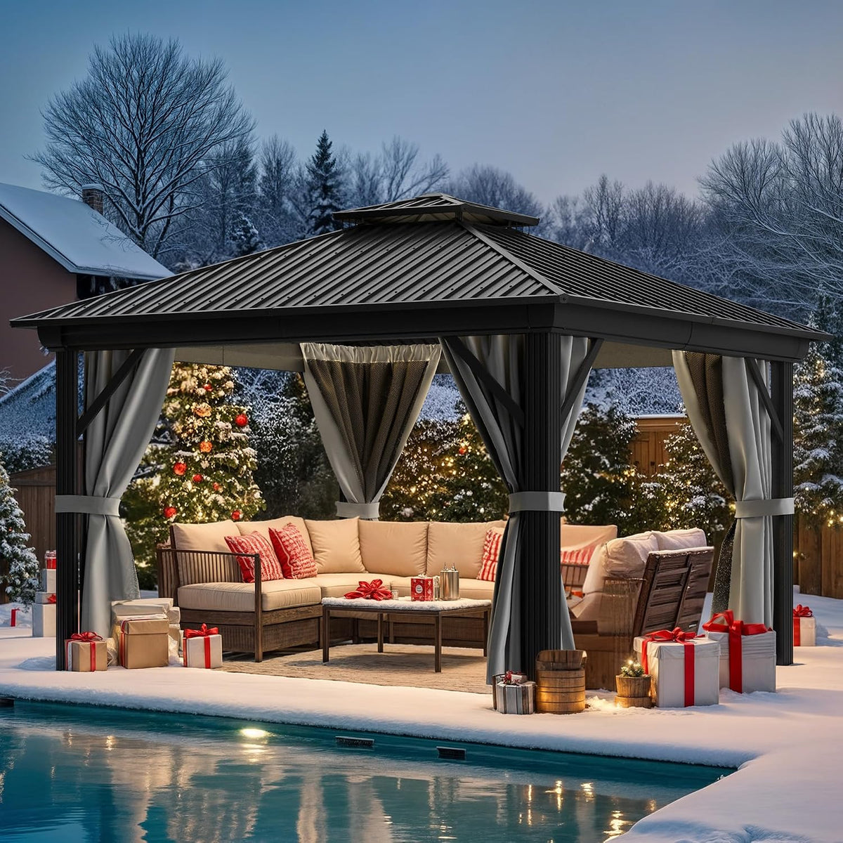 Gazebo set next to a pool in a snowy yard, lit interior with sofa, wrapped gifts and decorated trees outside.