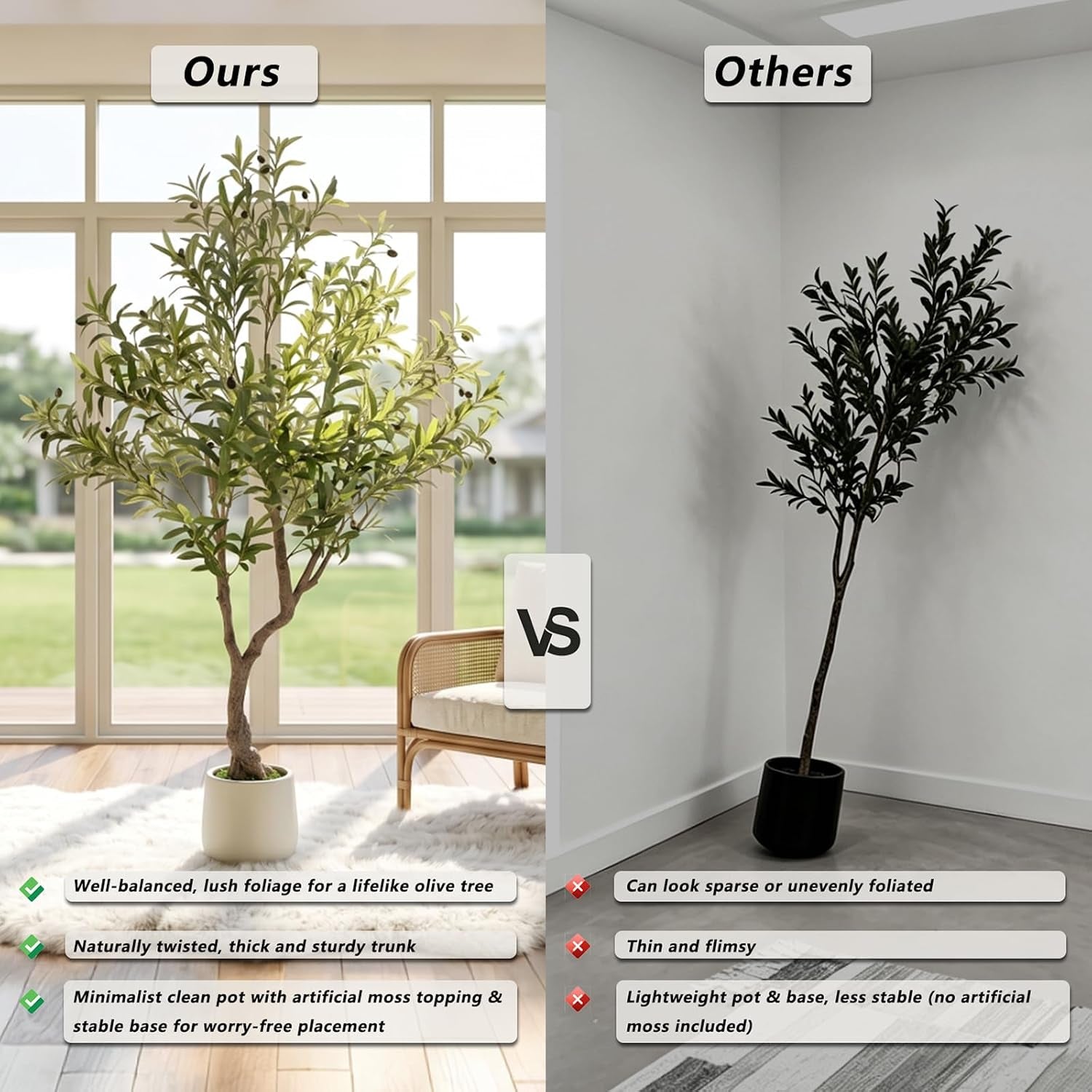 Side-by-side comparison showing the lifelike dense foliage of this olive tree versus a sparser alternative