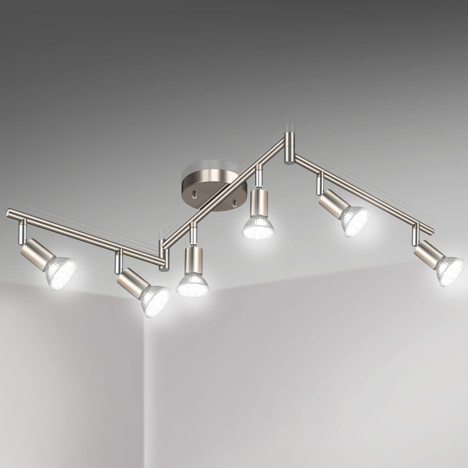 Matt nickel finish adjustable 6-light LED track fixture angled corner ceiling view