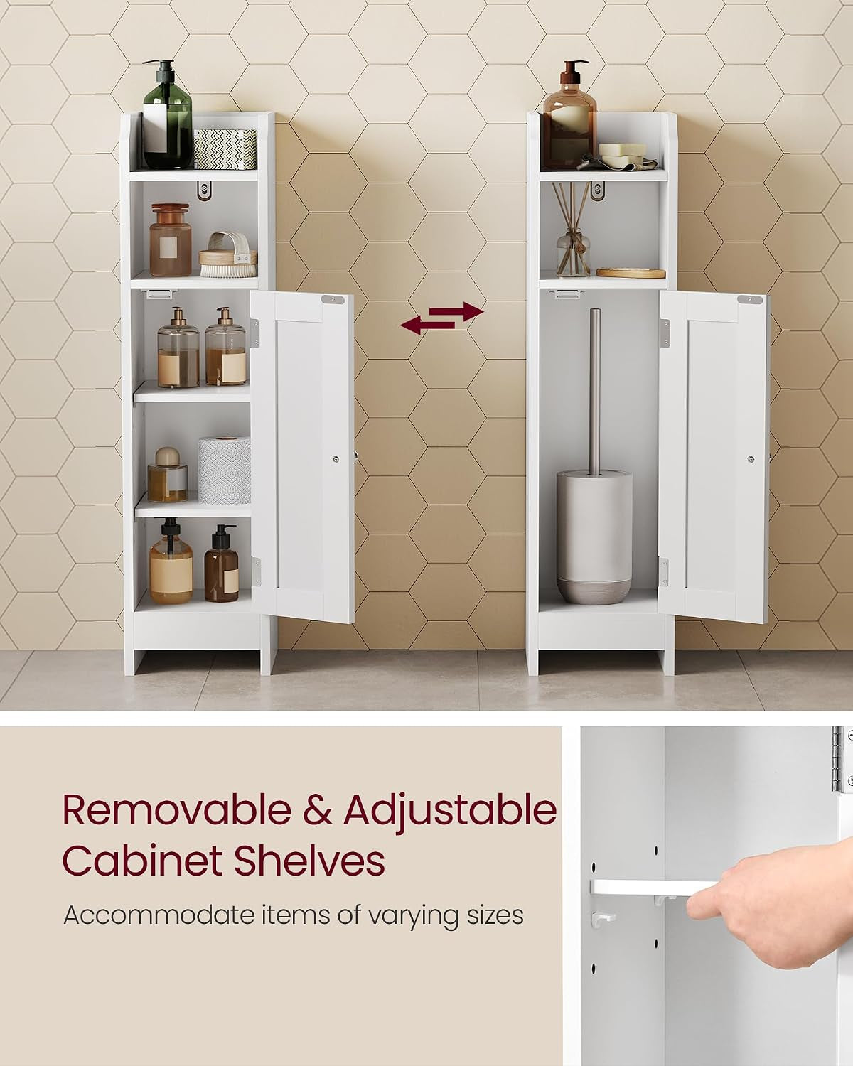 Two white cabinets side-by-side demonstrating removable and adjustable interior shelves and one open tall compartment.
