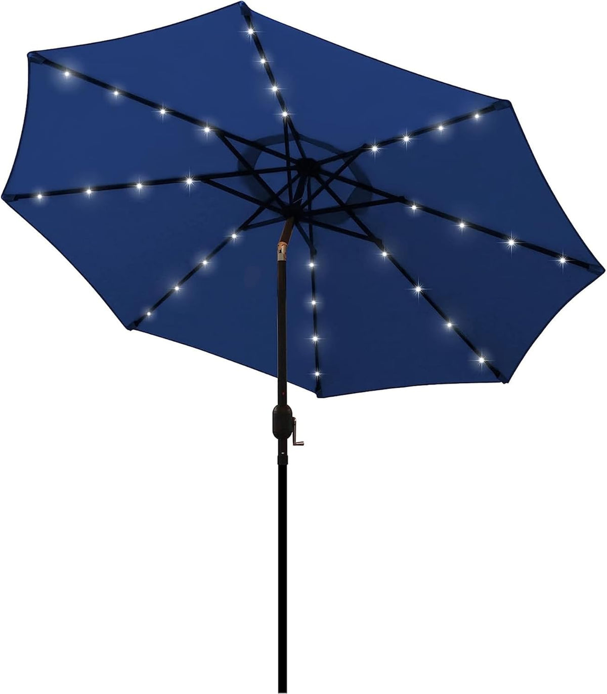 Navy blue LED patio umbrella open against a plain white background