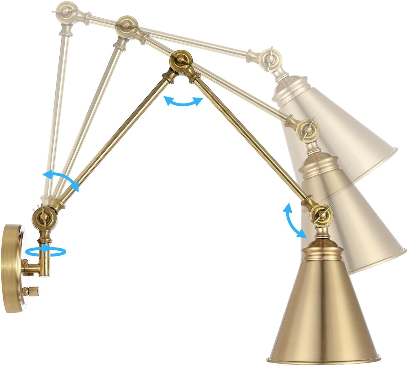 Brass swing-arm wall sconce illustrating jointed arm positions with arrows indicating swivel and tilt adjustment.