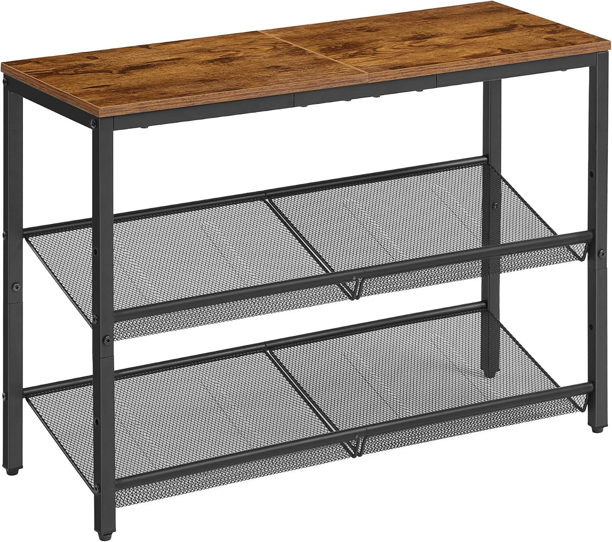 Three-quarter view of a two-tier mesh shoe rack with a wood-look top and black metal frame.