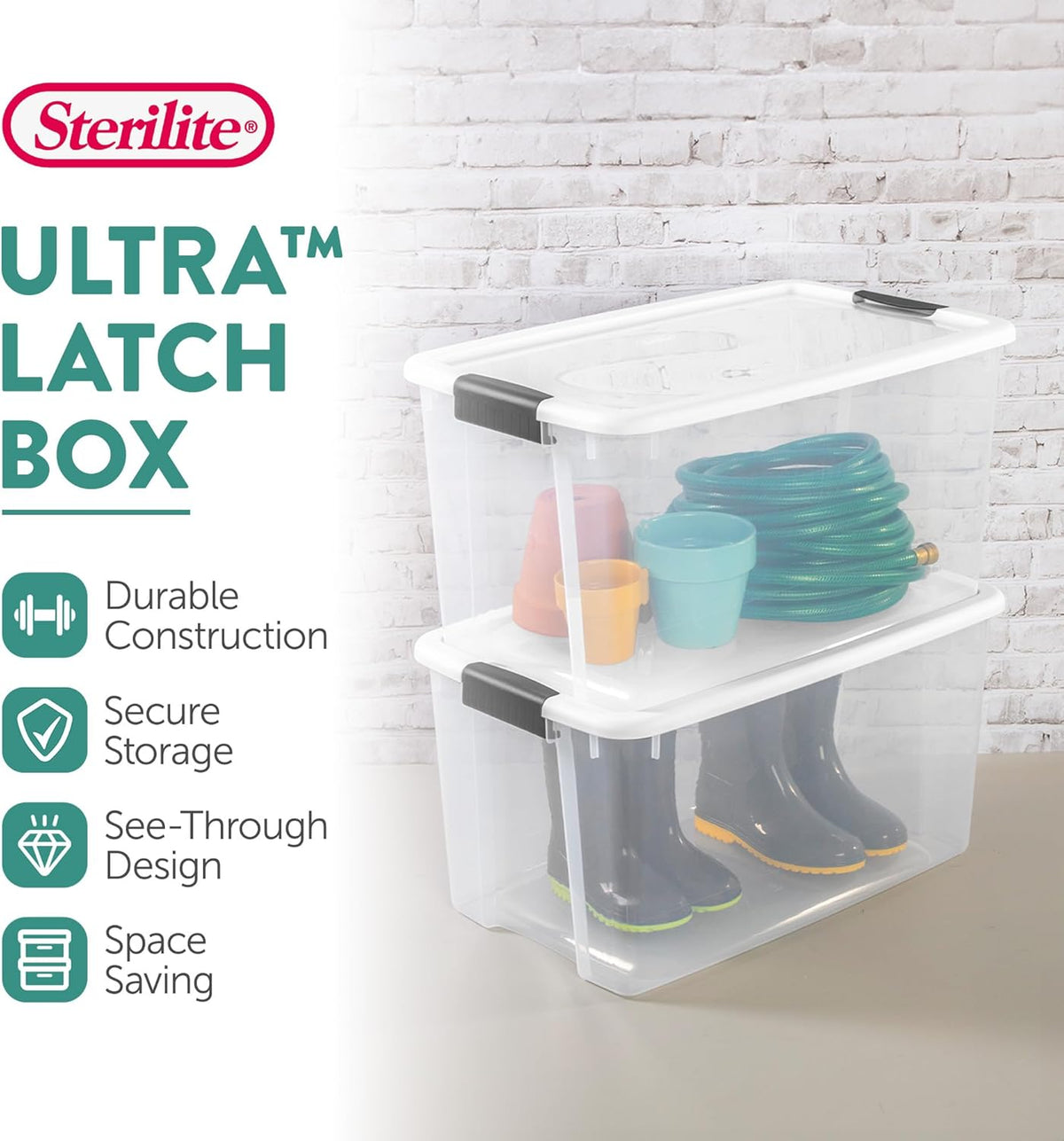 Two clear storage bins stacked in front of a white brick wall showing shoes, pots and a coiled hose inside.