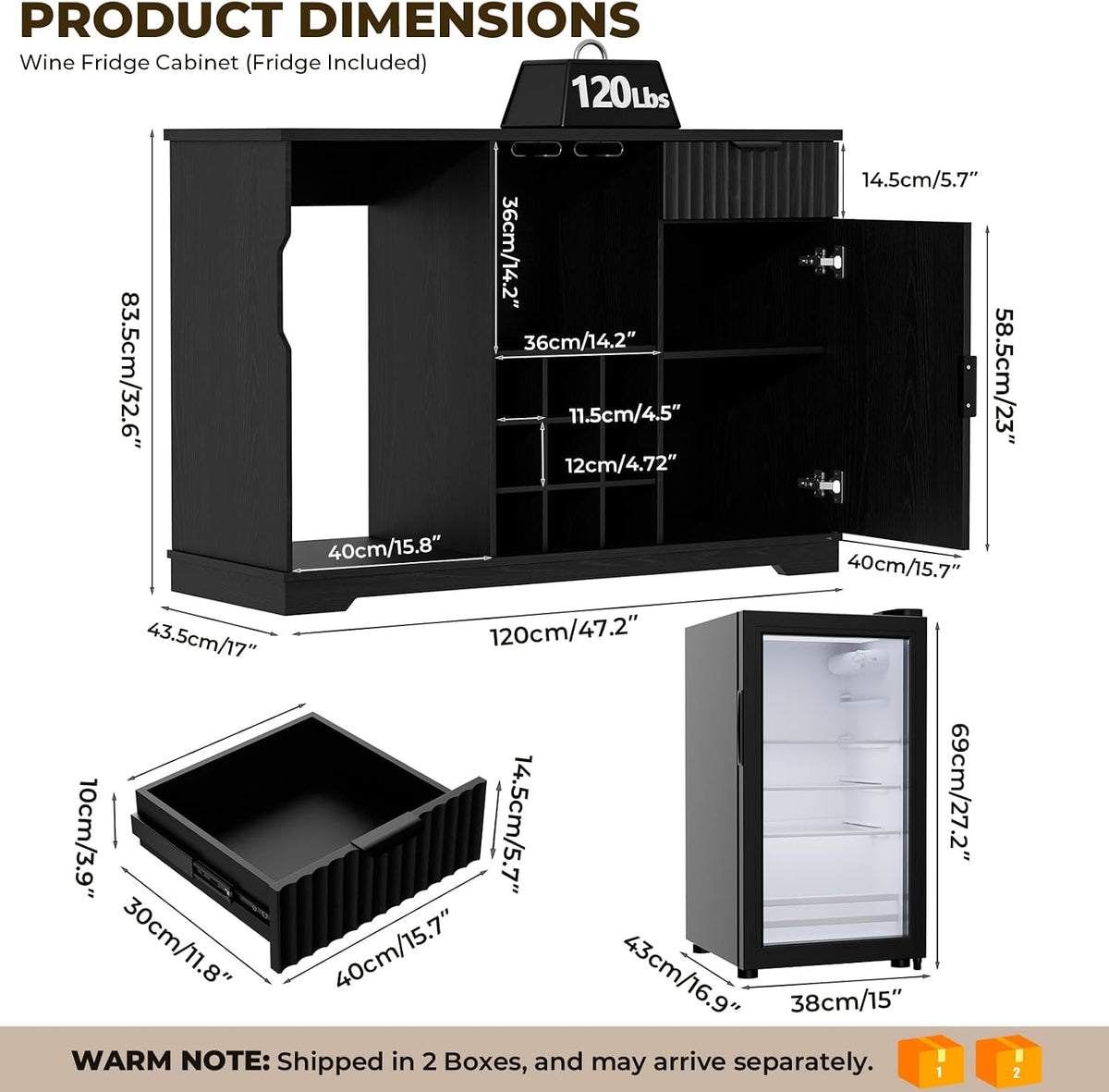 Black cabinet exploded dimensions diagram with fridge shown beside it and internal compartment measurements