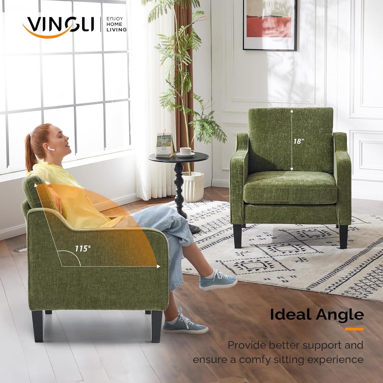 Two green upholstered armchairs in a bright living room, one shown side-on with a seated woman.