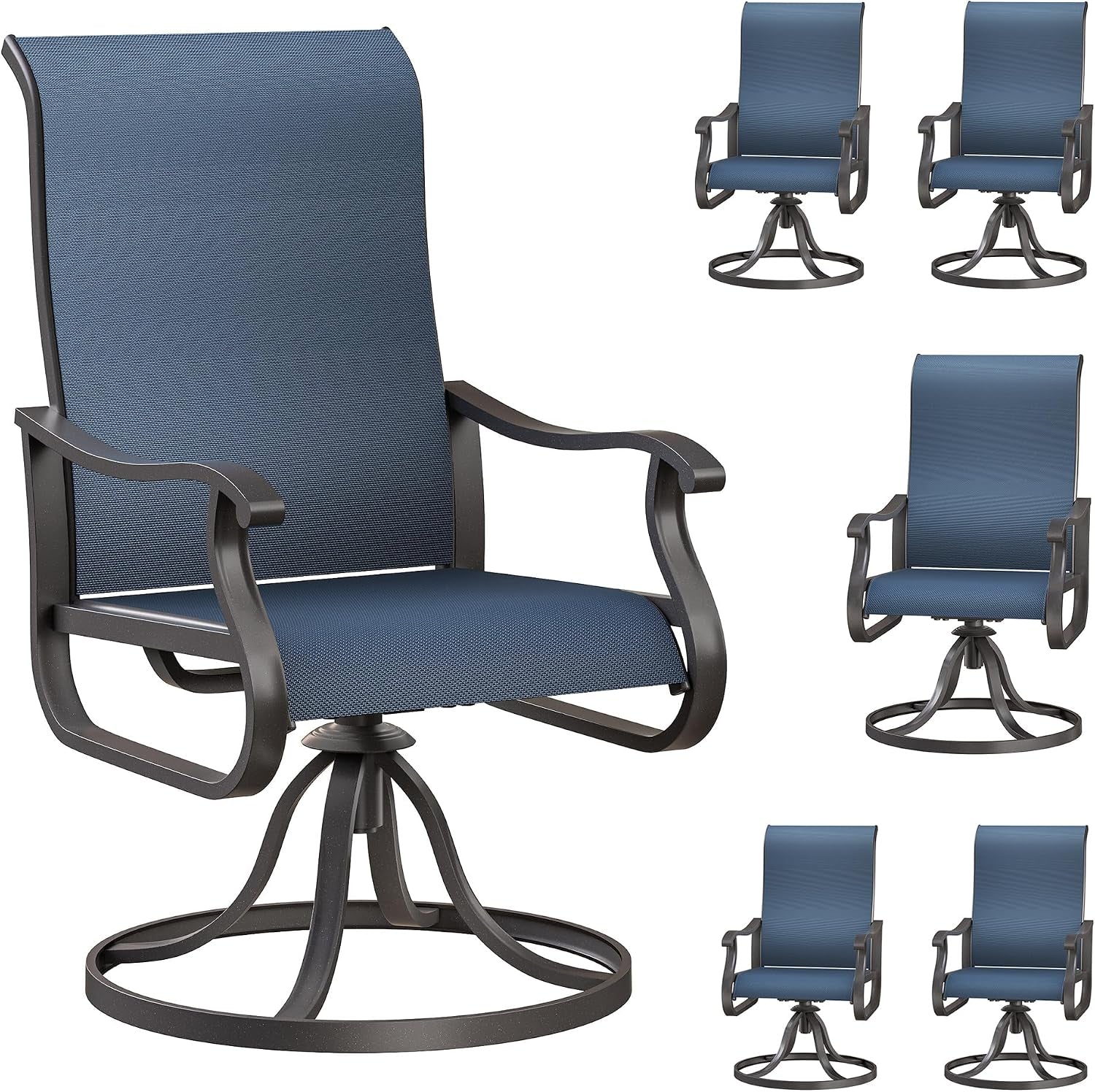 Single swivel outdoor chair in blue textilene fabric with metal round rocker base and inset thumbnails